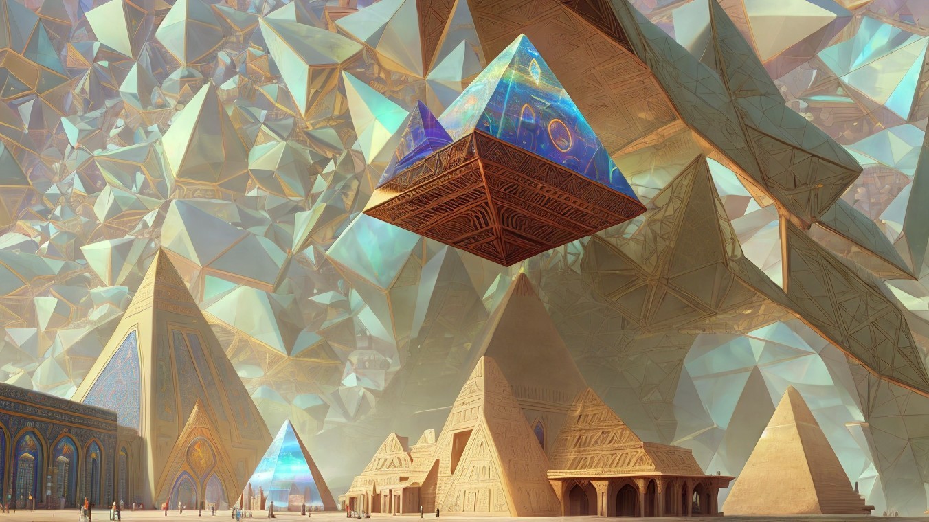 Surreal Landscape with Golden Pyramids and Light