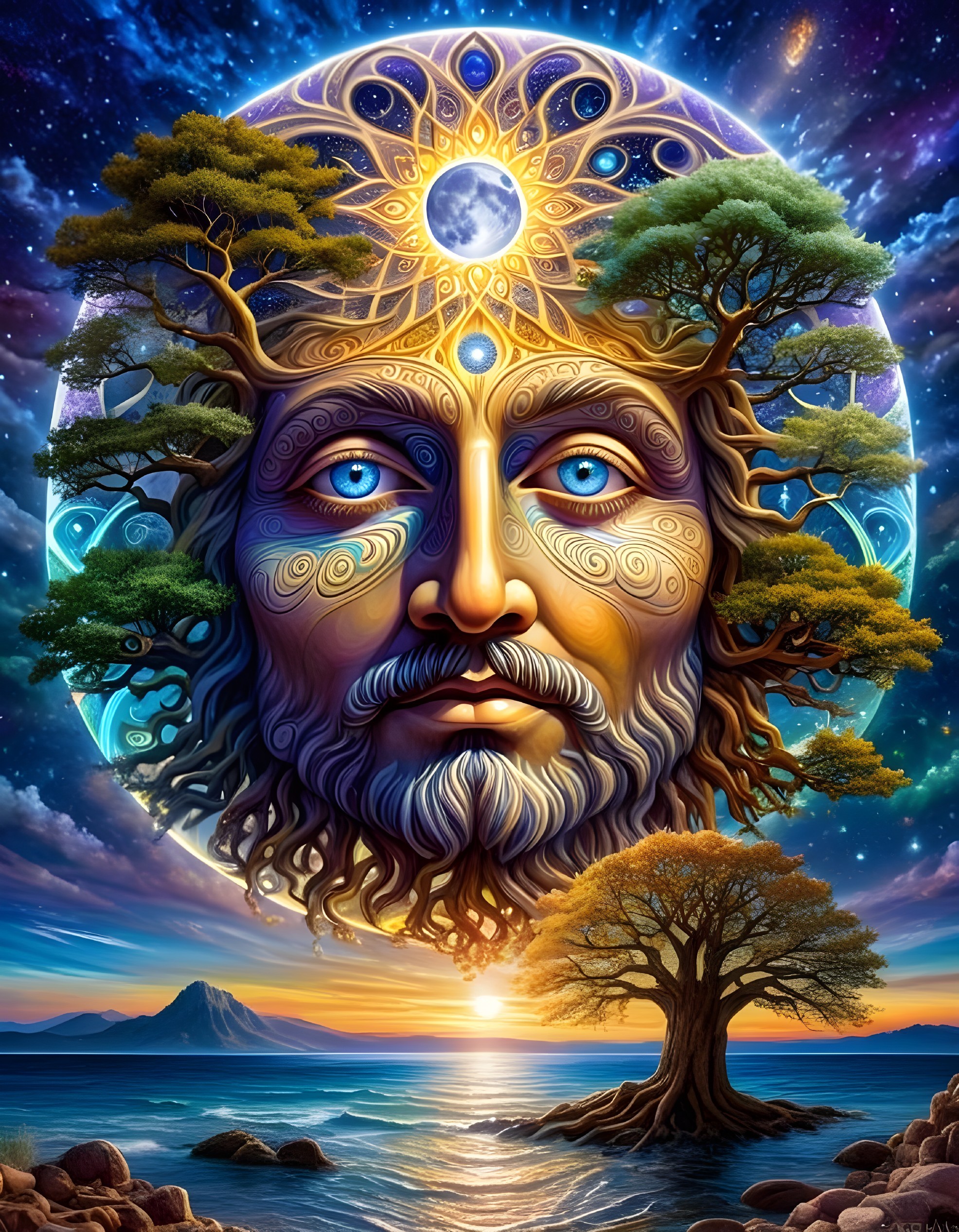 Cosmic Landscape with Majestic Face and Nature Elements