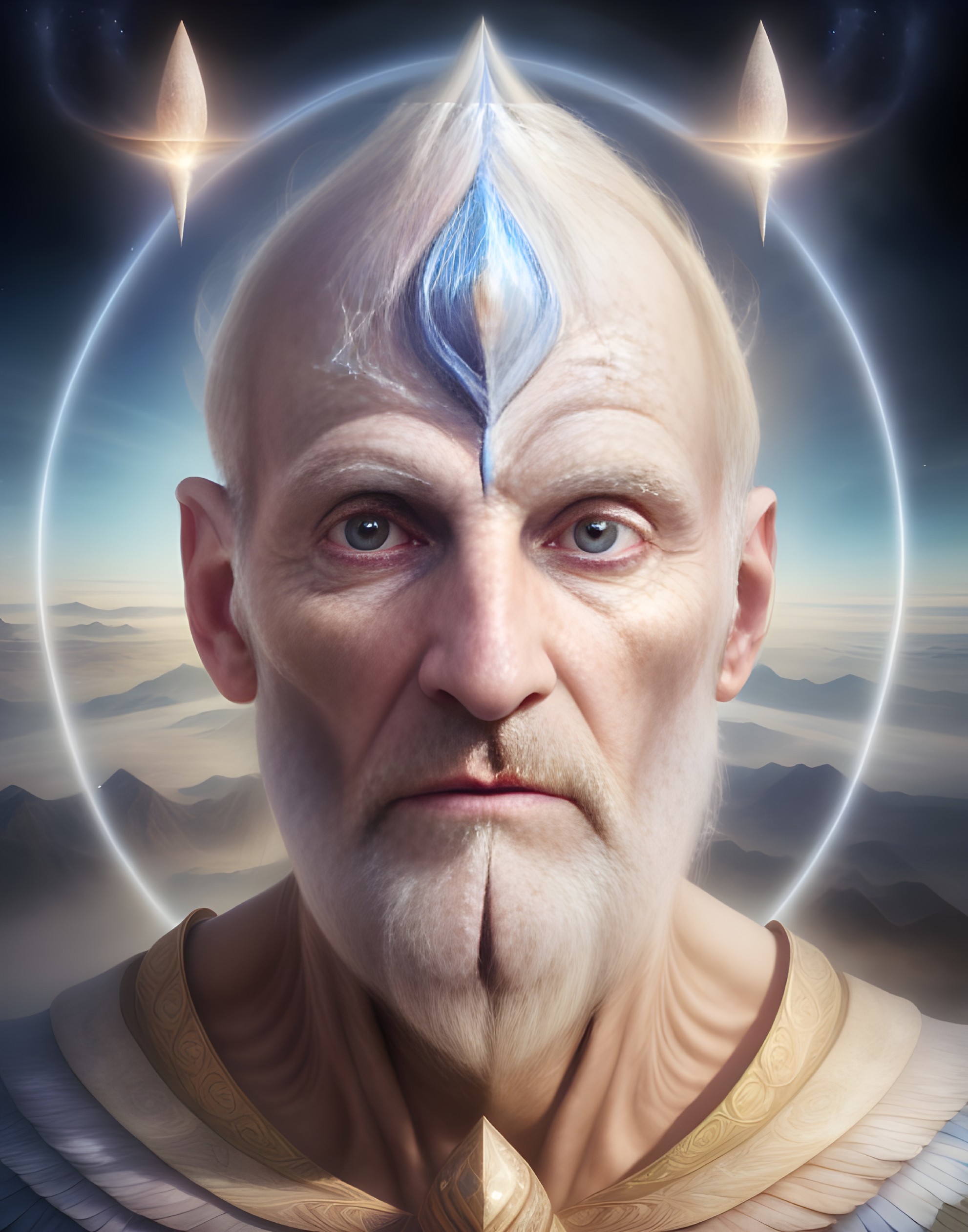 Elderly Figure with Blue Crest and Celestial Symbols