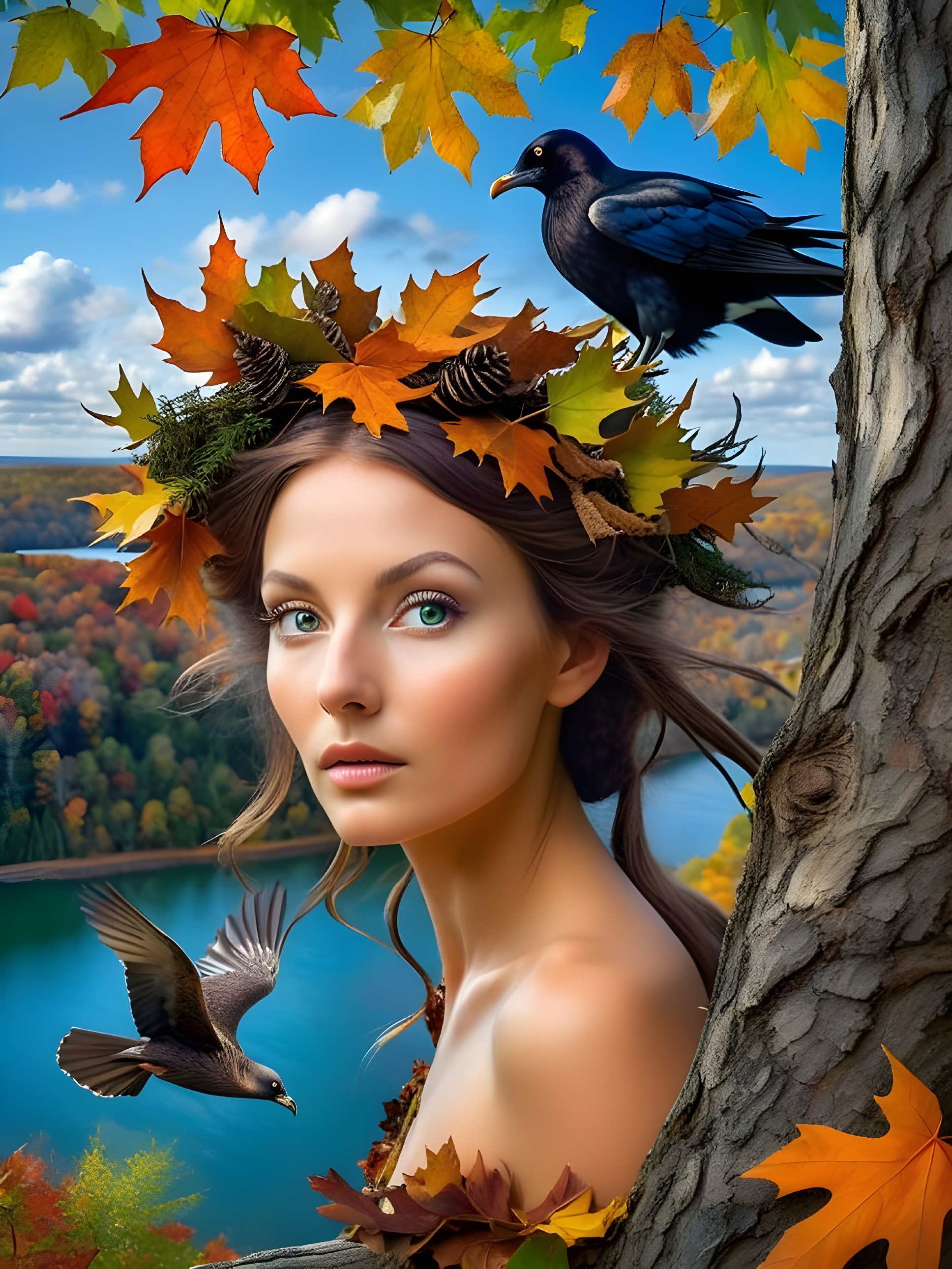 Young Woman Surrounded by Autumn Landscape and Birds