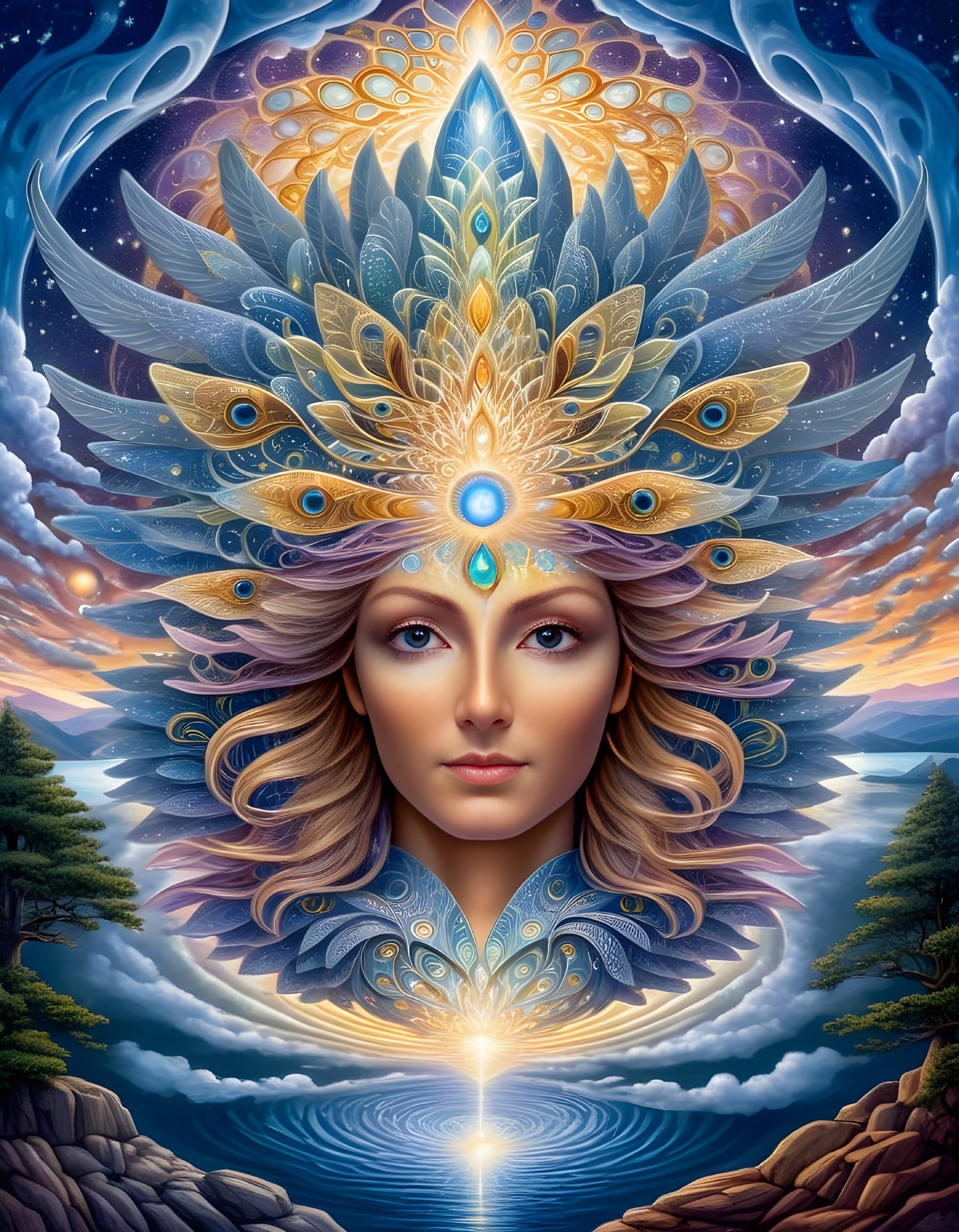 Female figure with feather patterns and radiant light
