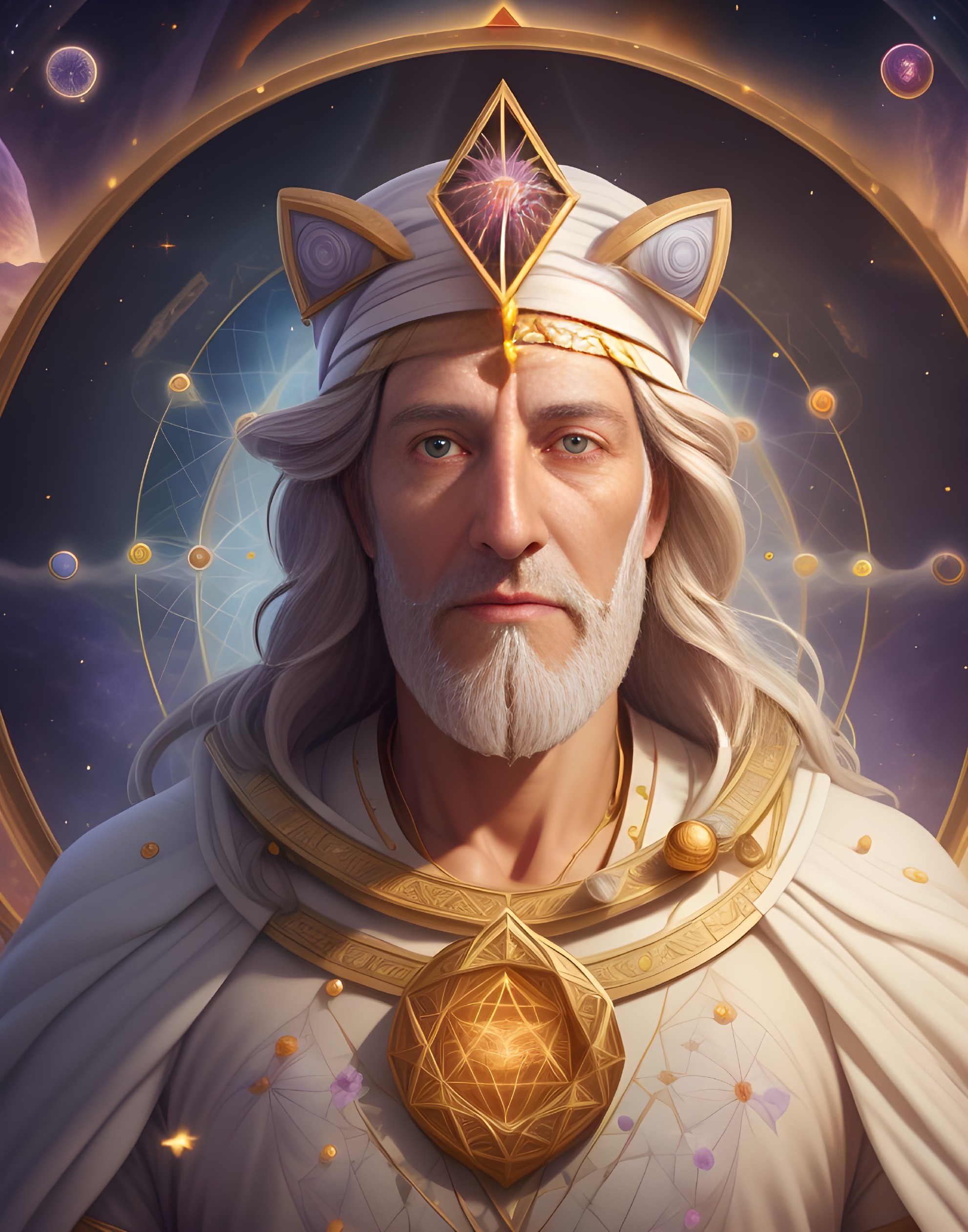 Regal figure in white robe with gold designs and crown