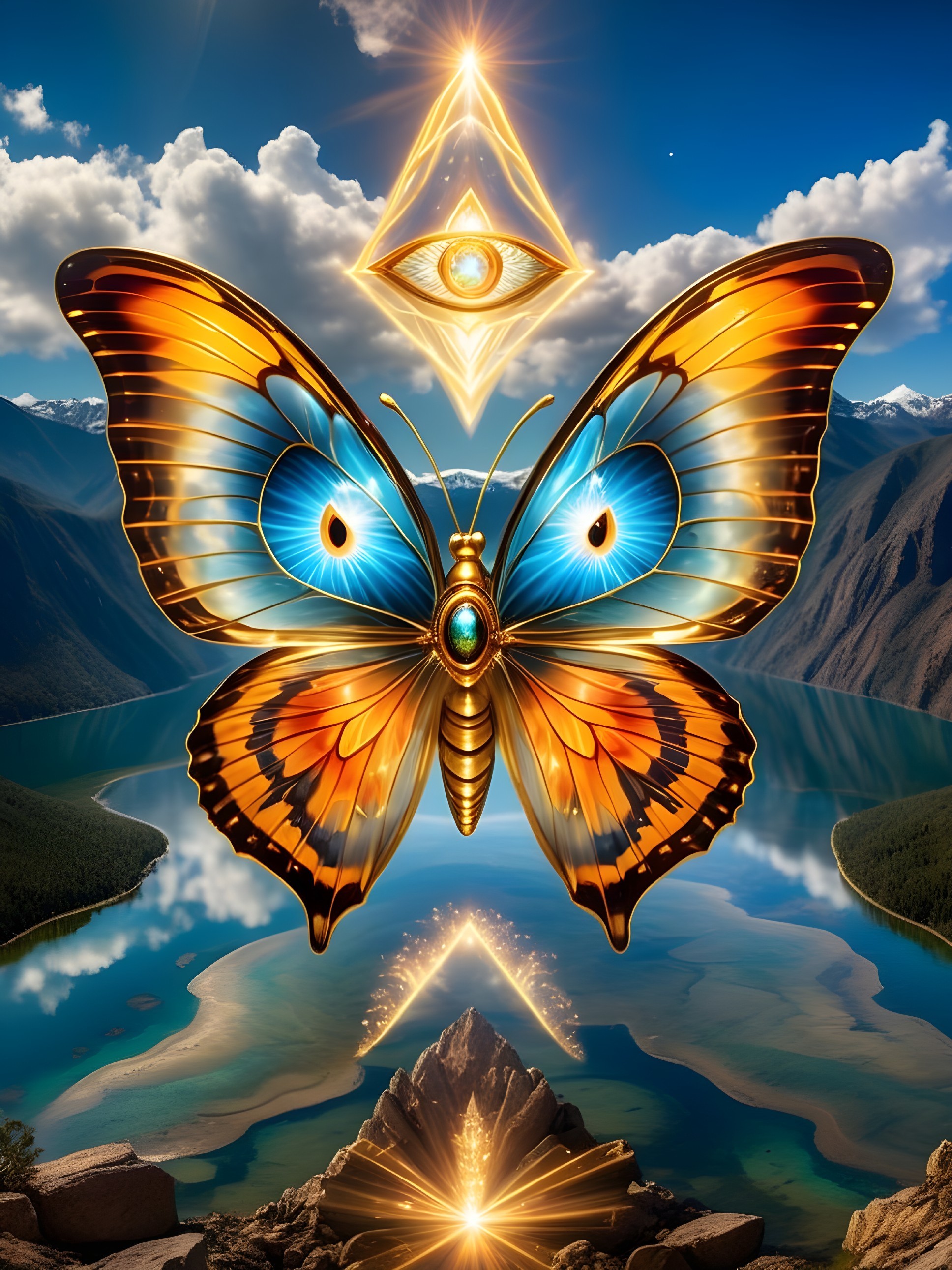 Vibrant Butterfly Over Serene Lake and Mountains
