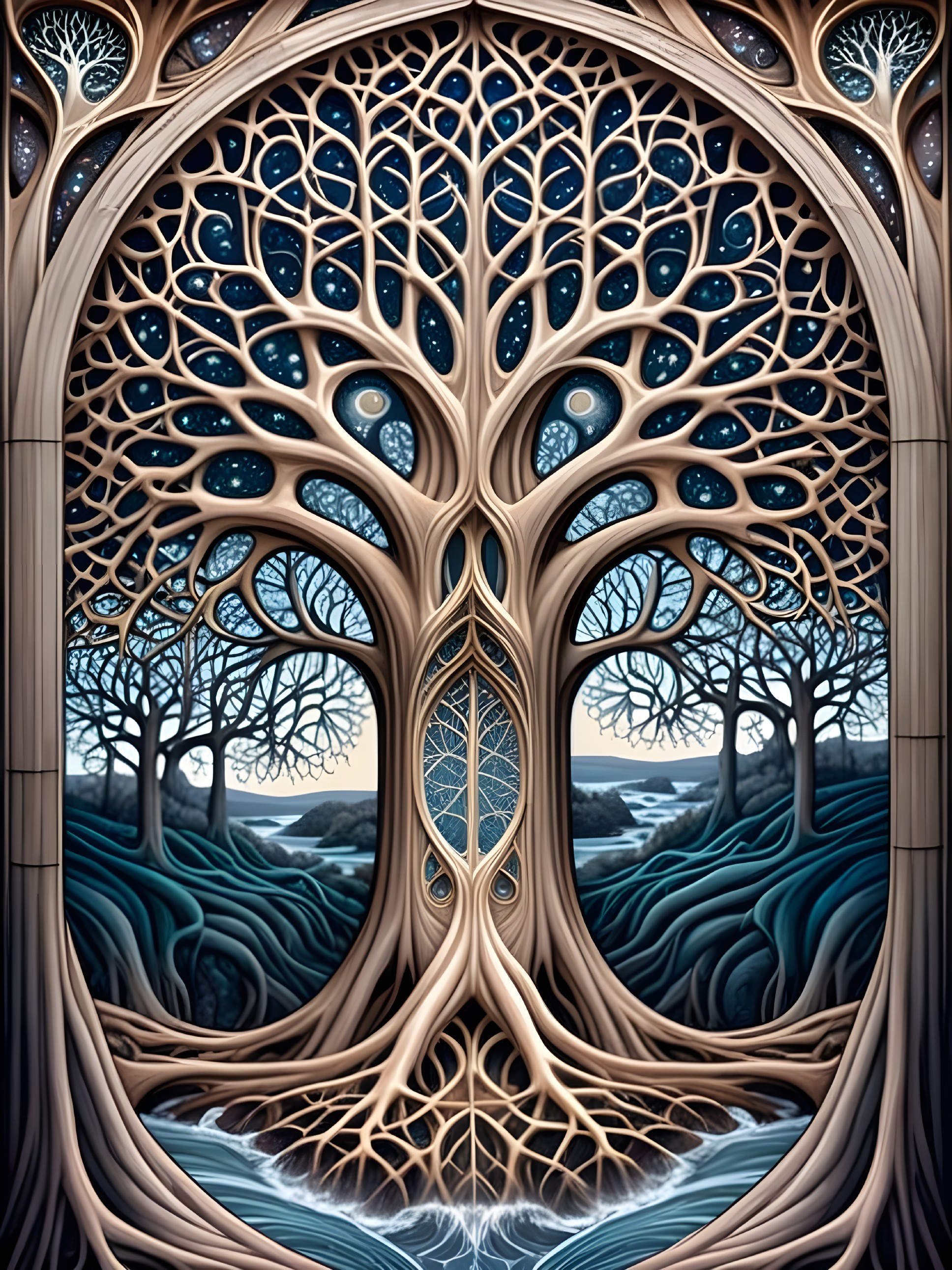Intricate Tree Design in Serene Night Landscape