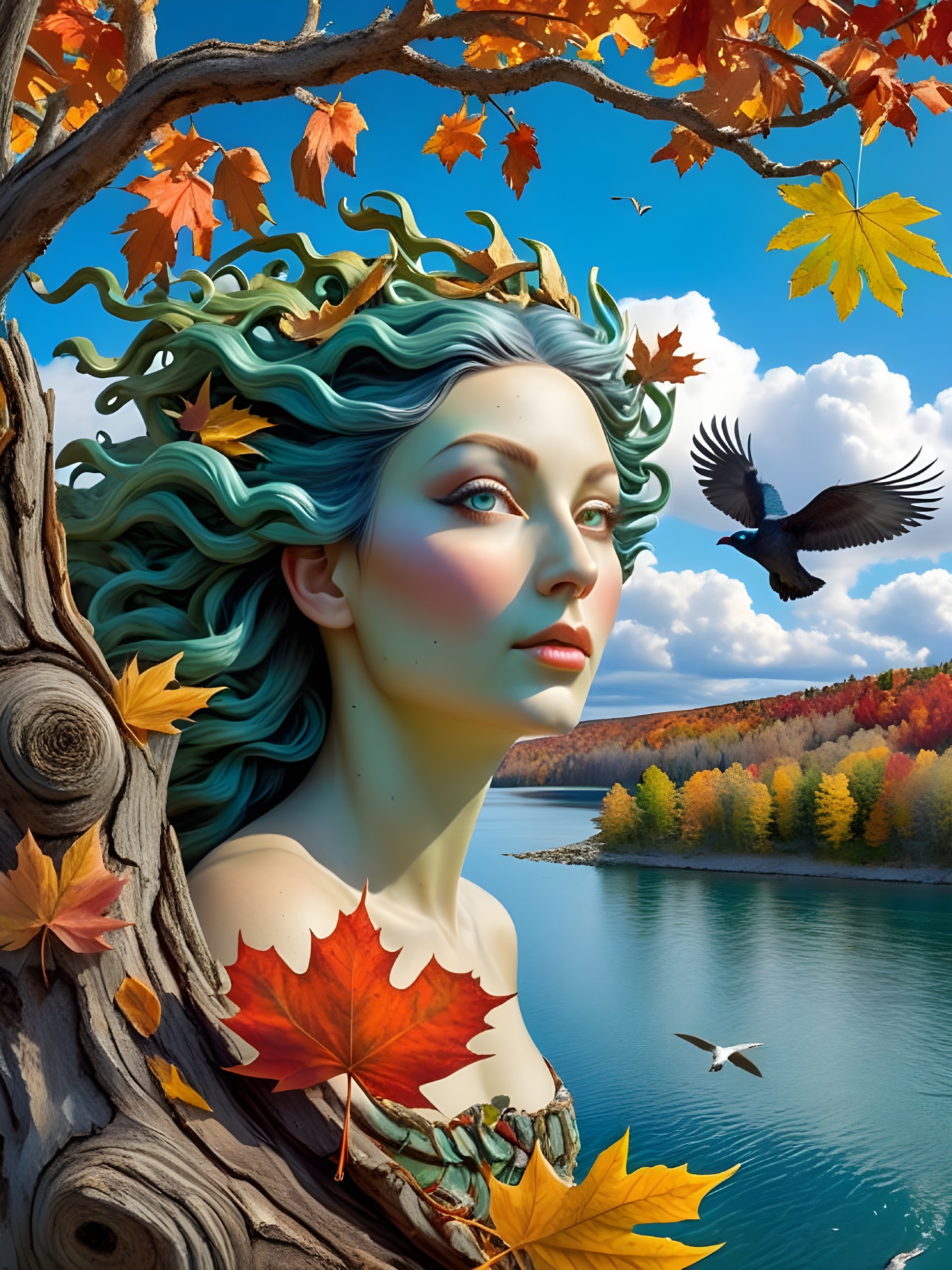 Mystical figure with green hair in autumn setting