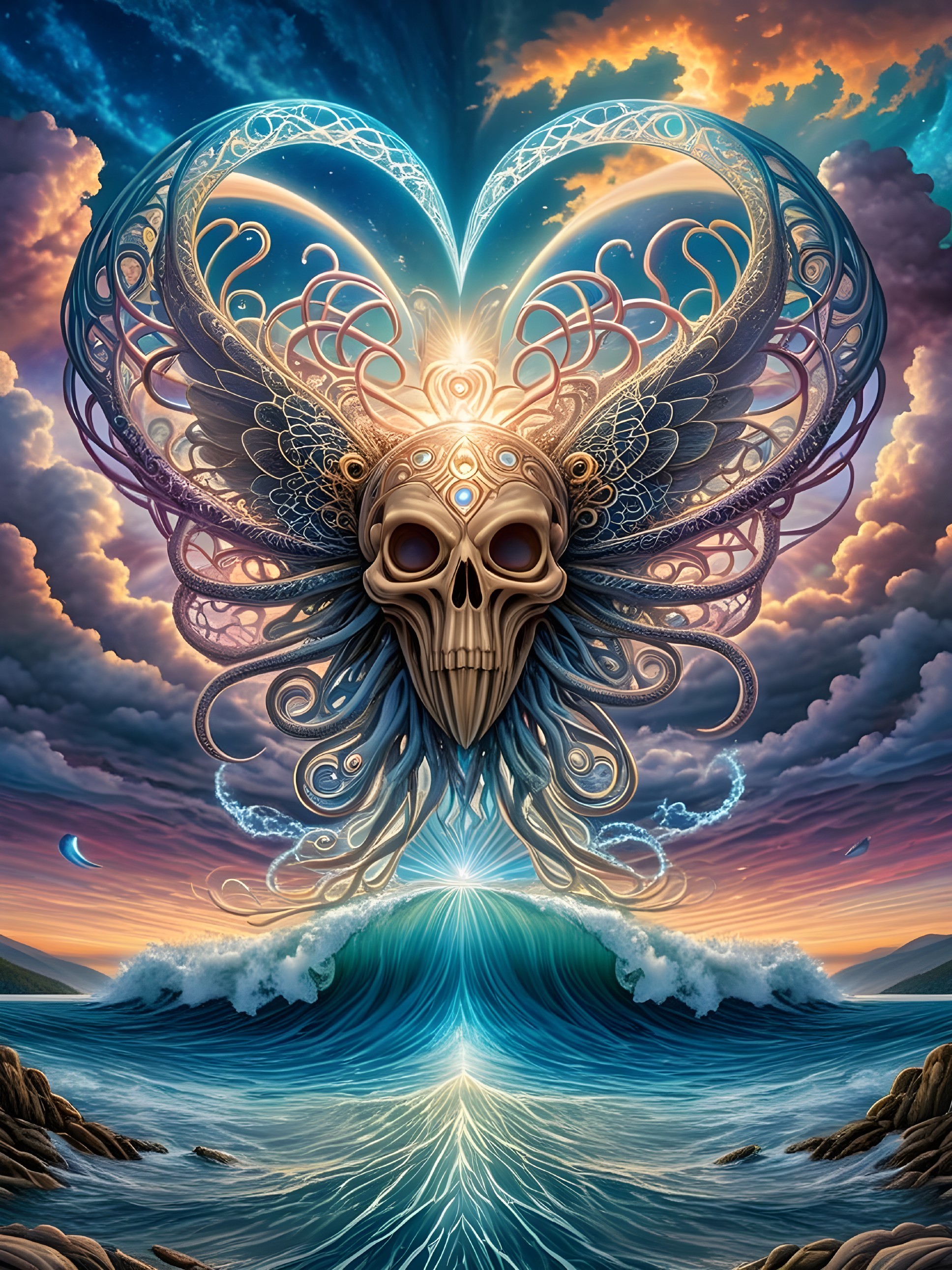 Surreal Scene with Majestic Skull and Mystical Waves