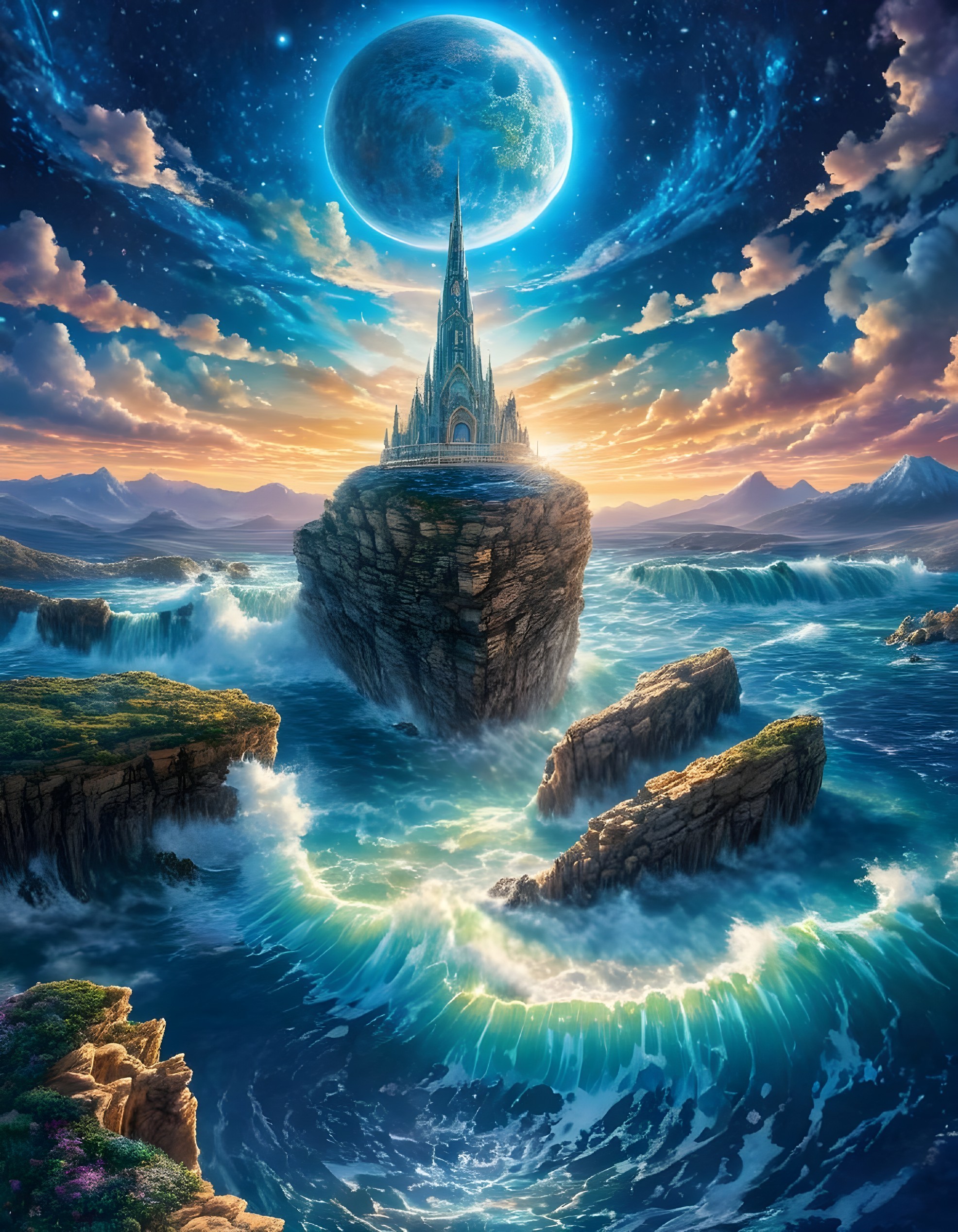 Castle on Rocky Islet with Vibrant Sunset and Planet