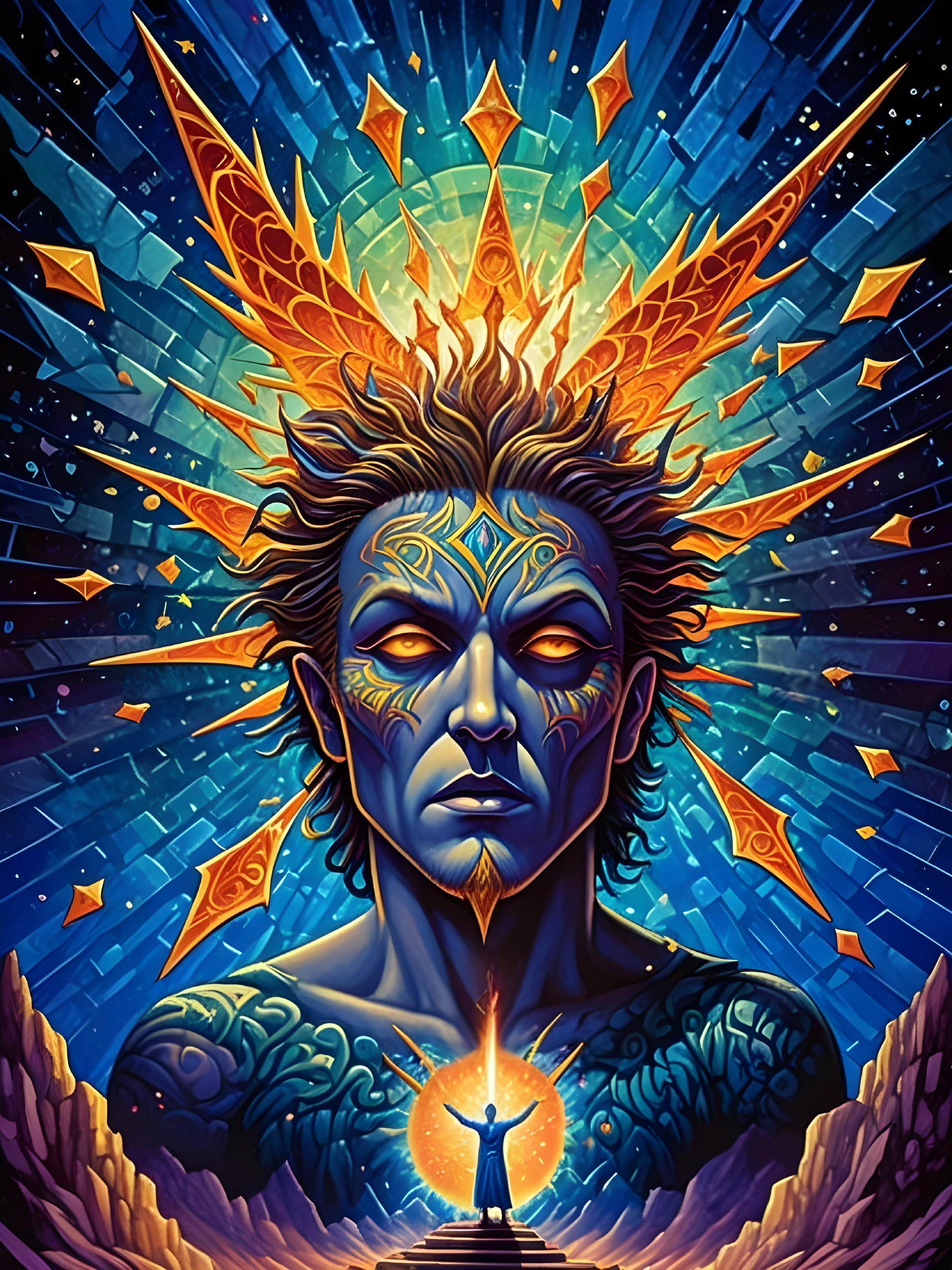 Surreal Illustration with Central Figure and Geometric Shapes