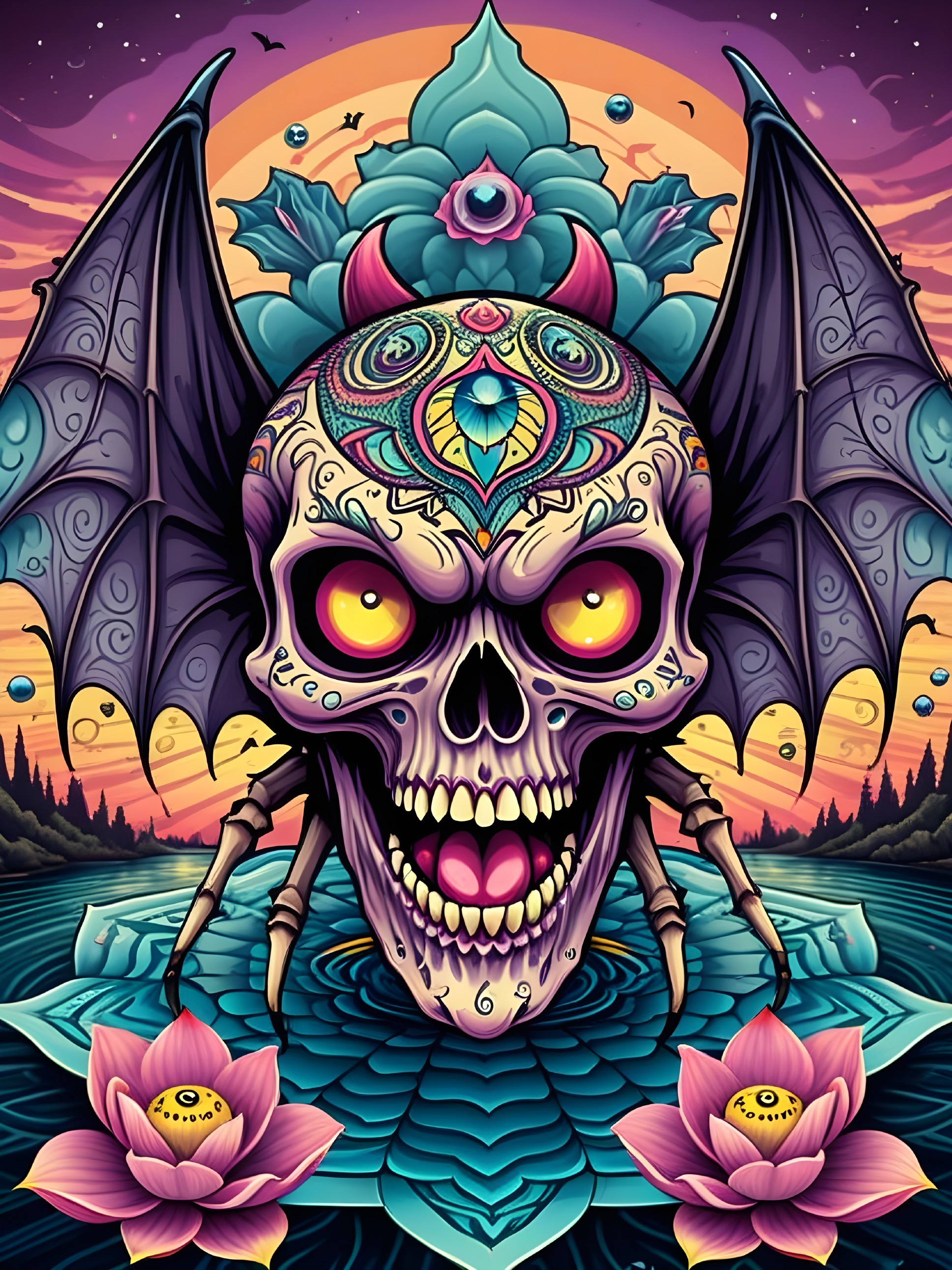 Vibrant Skull with Wings and Lotus in Surreal Sunset