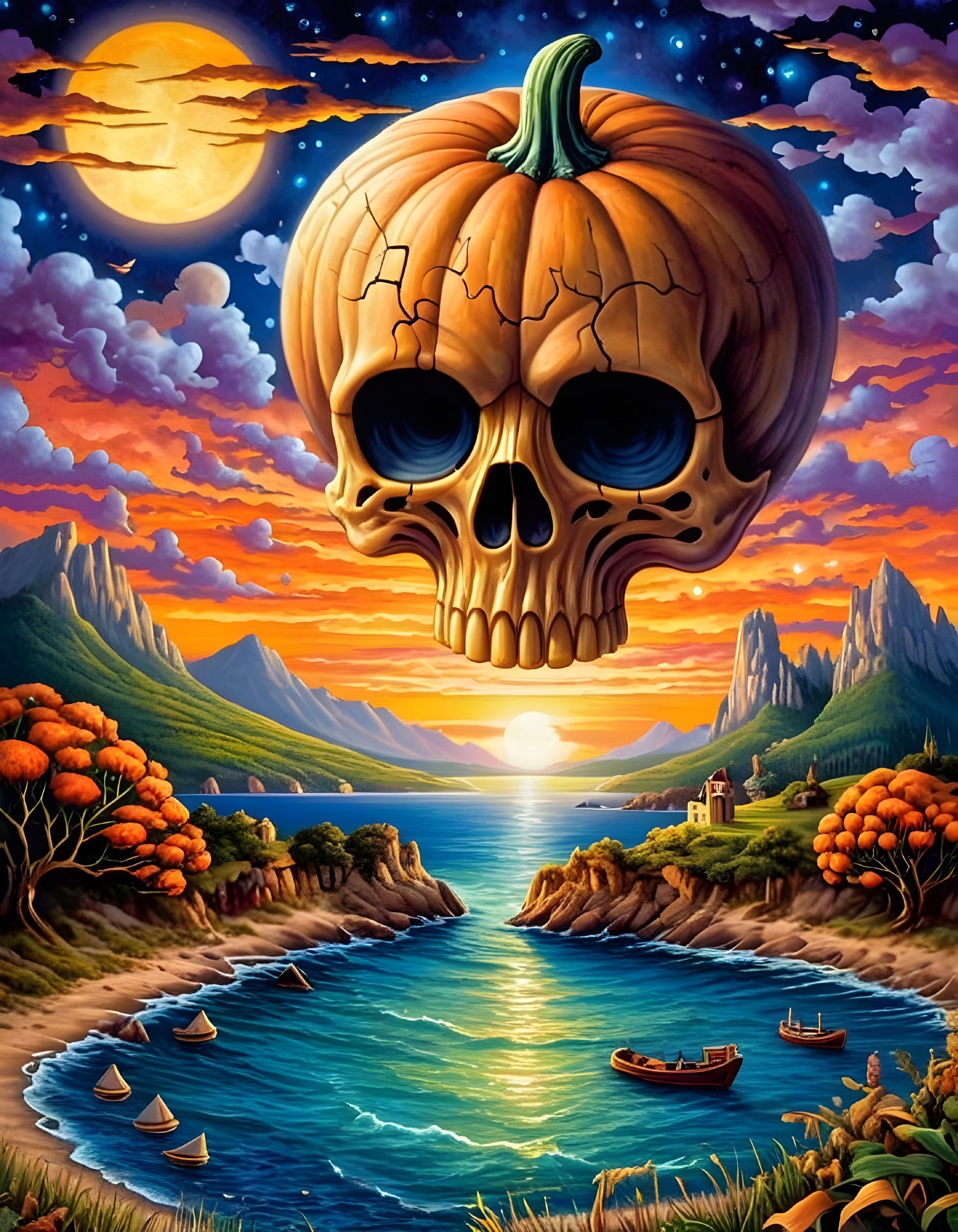 Surreal Landscape with Glowing Pumpkin Skull at Sunset