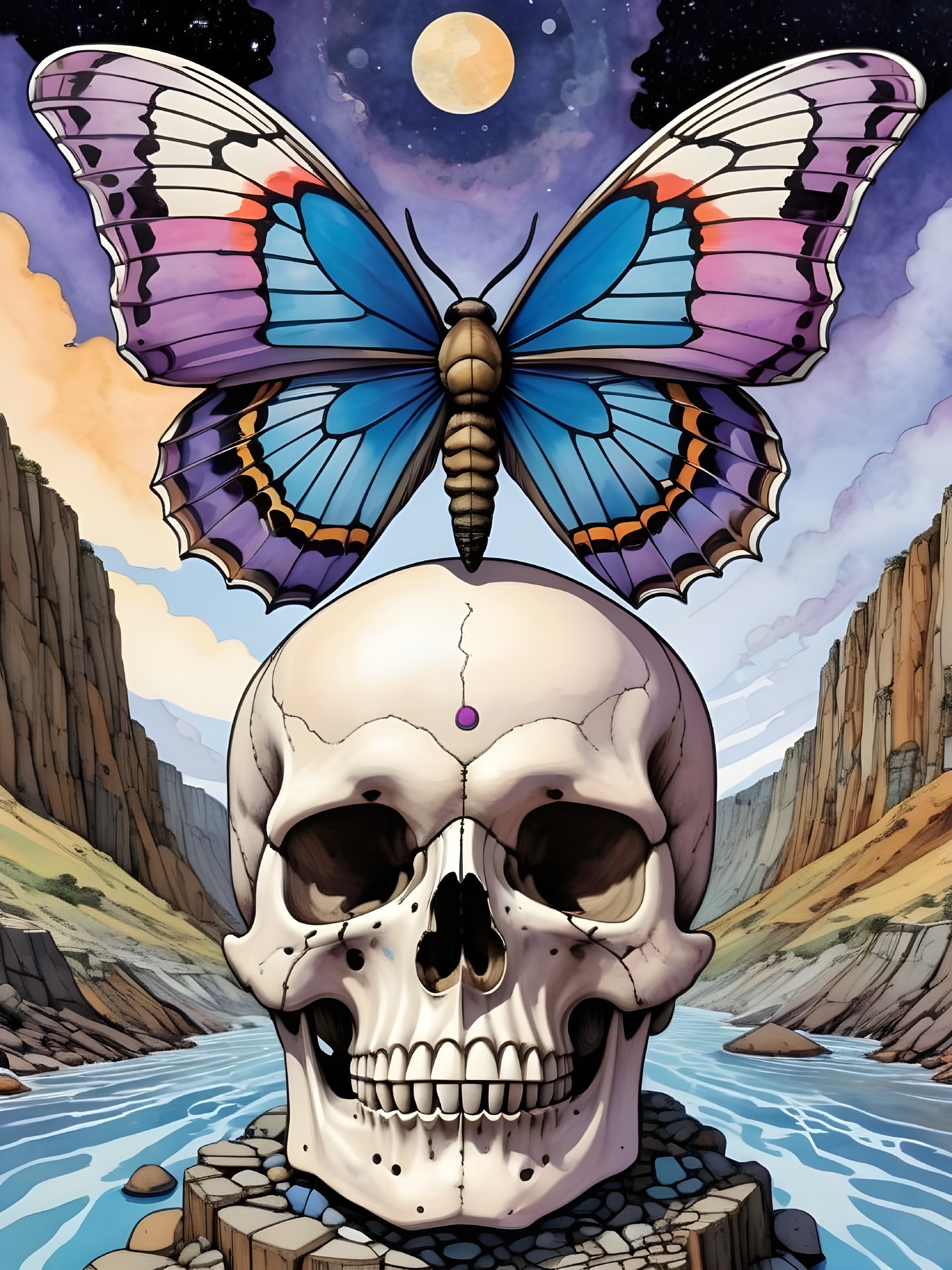 Watercolor Painting of Skull and Butterfly in Canyon Night