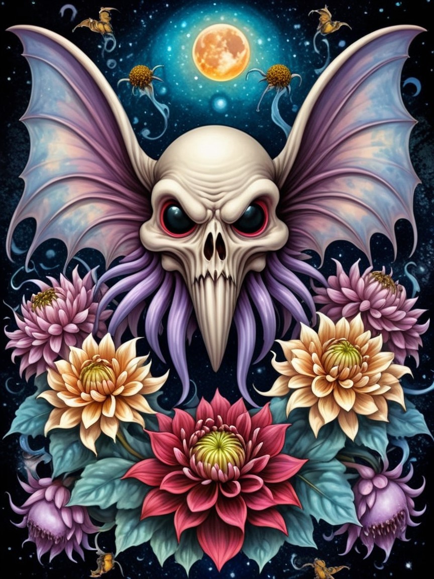 Surreal Skull Face with Wings and Cosmic Background