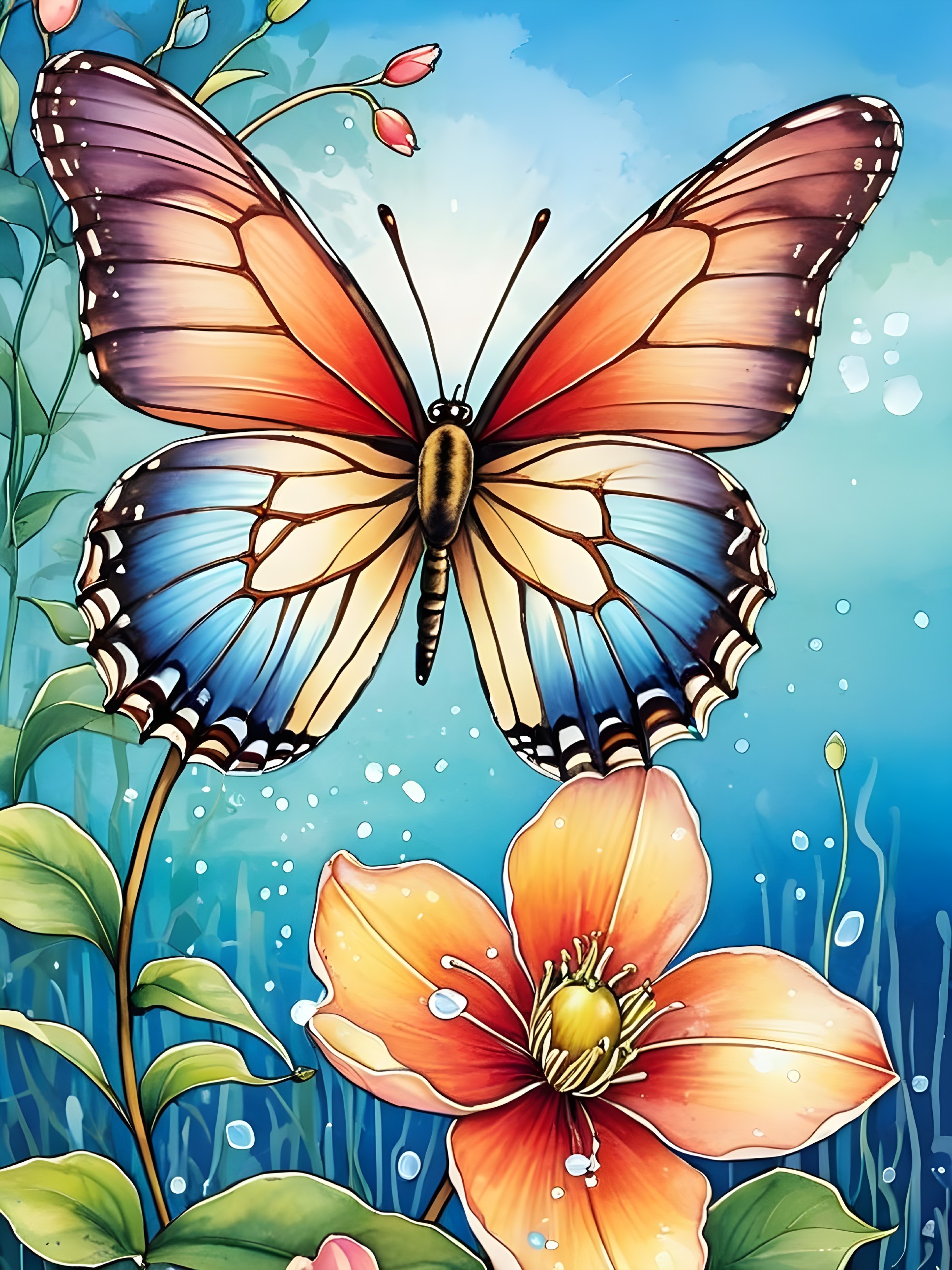Illustration of a butterfly above an orange flower