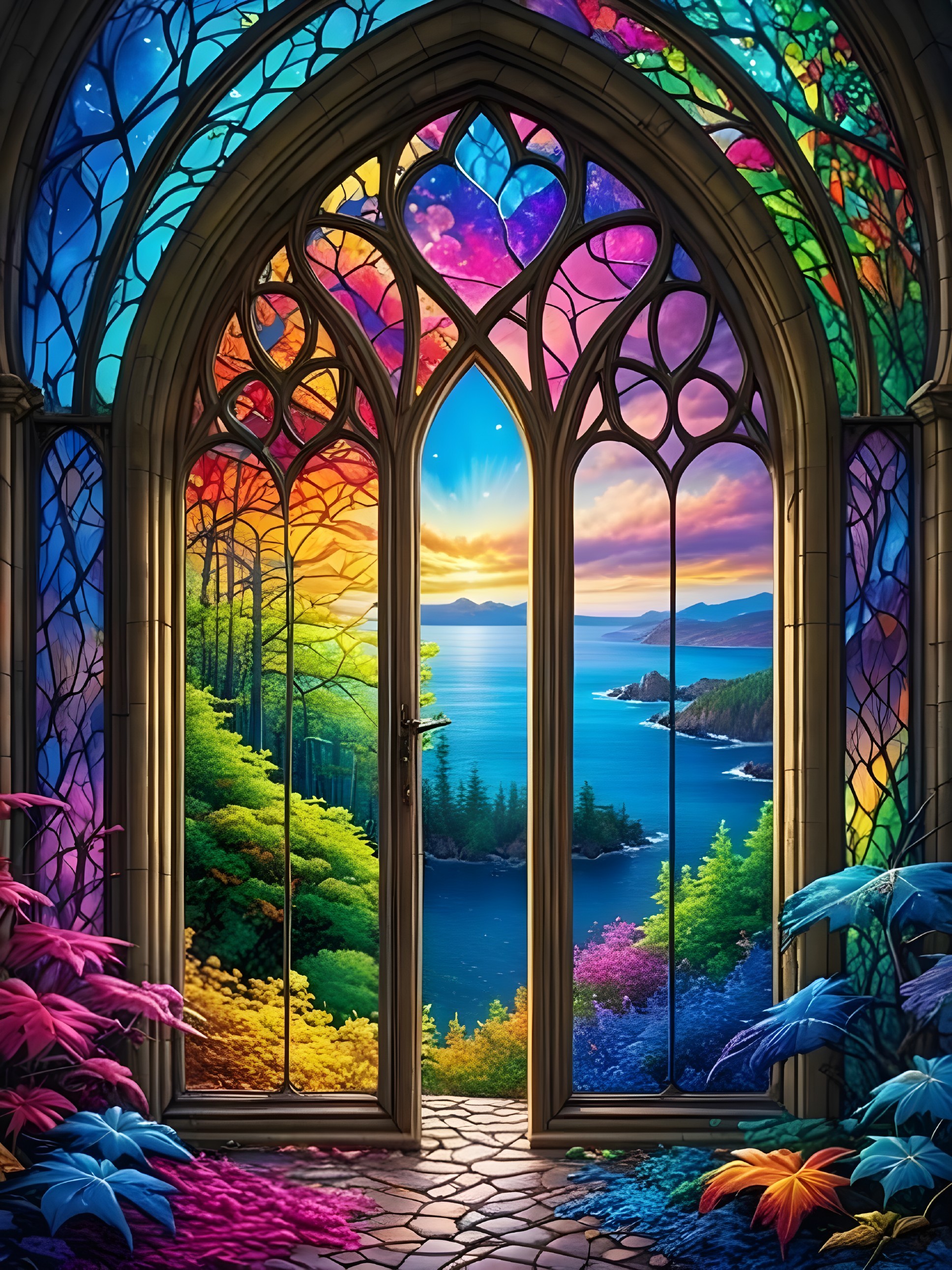 Vibrant Stained Glass Window with Coastal Landscape View