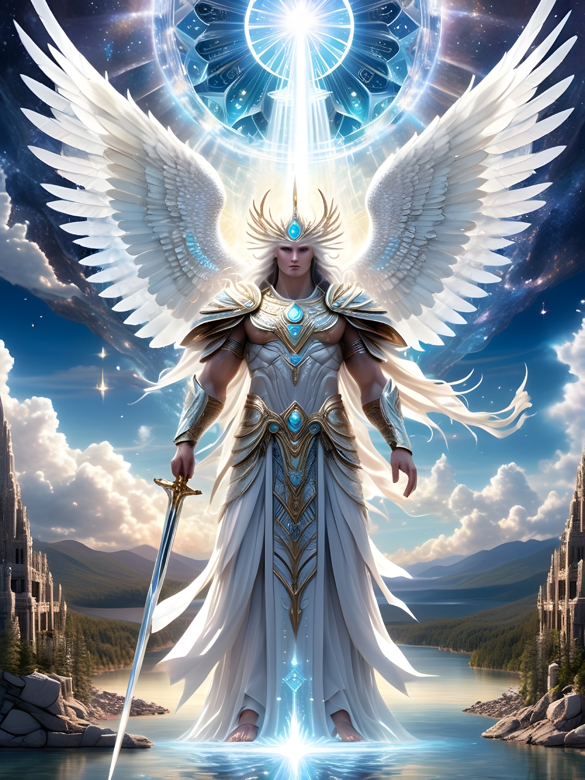 Majestic angel by serene lake with golden armor