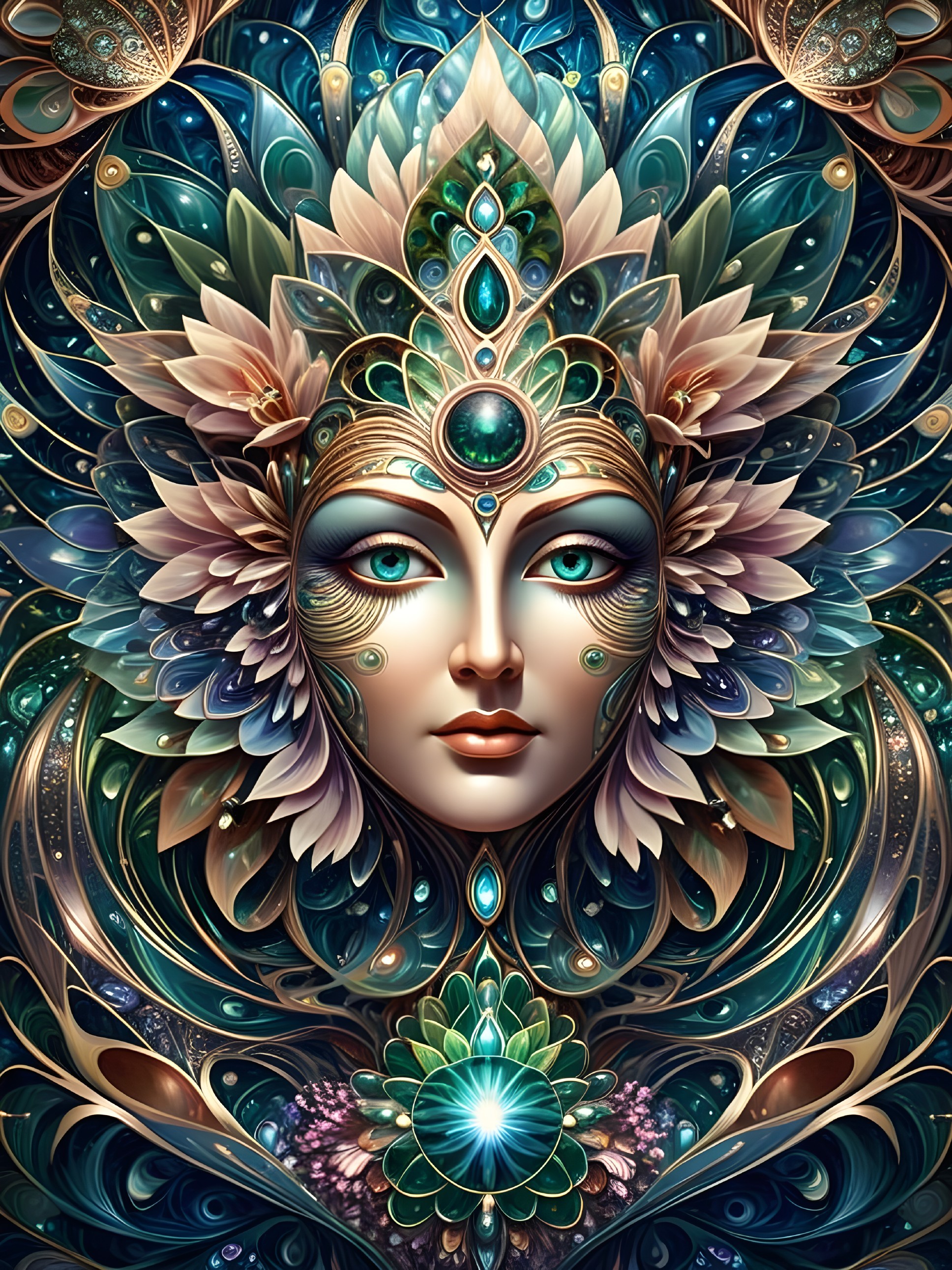 Intricately Designed Face with Floral Patterns and Gemstones