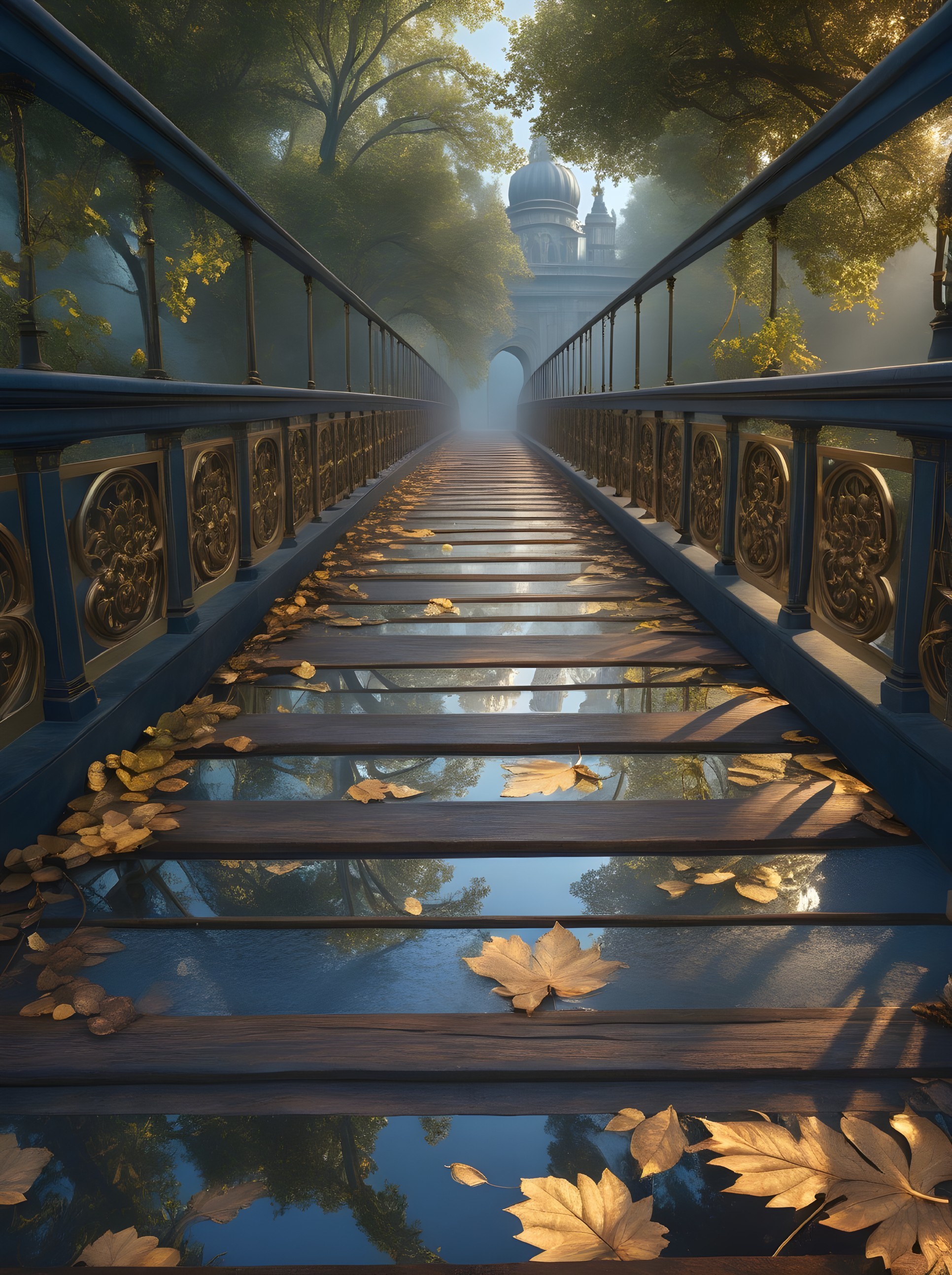 Wooden Bridge in Misty Landscape with Autumn Foliage