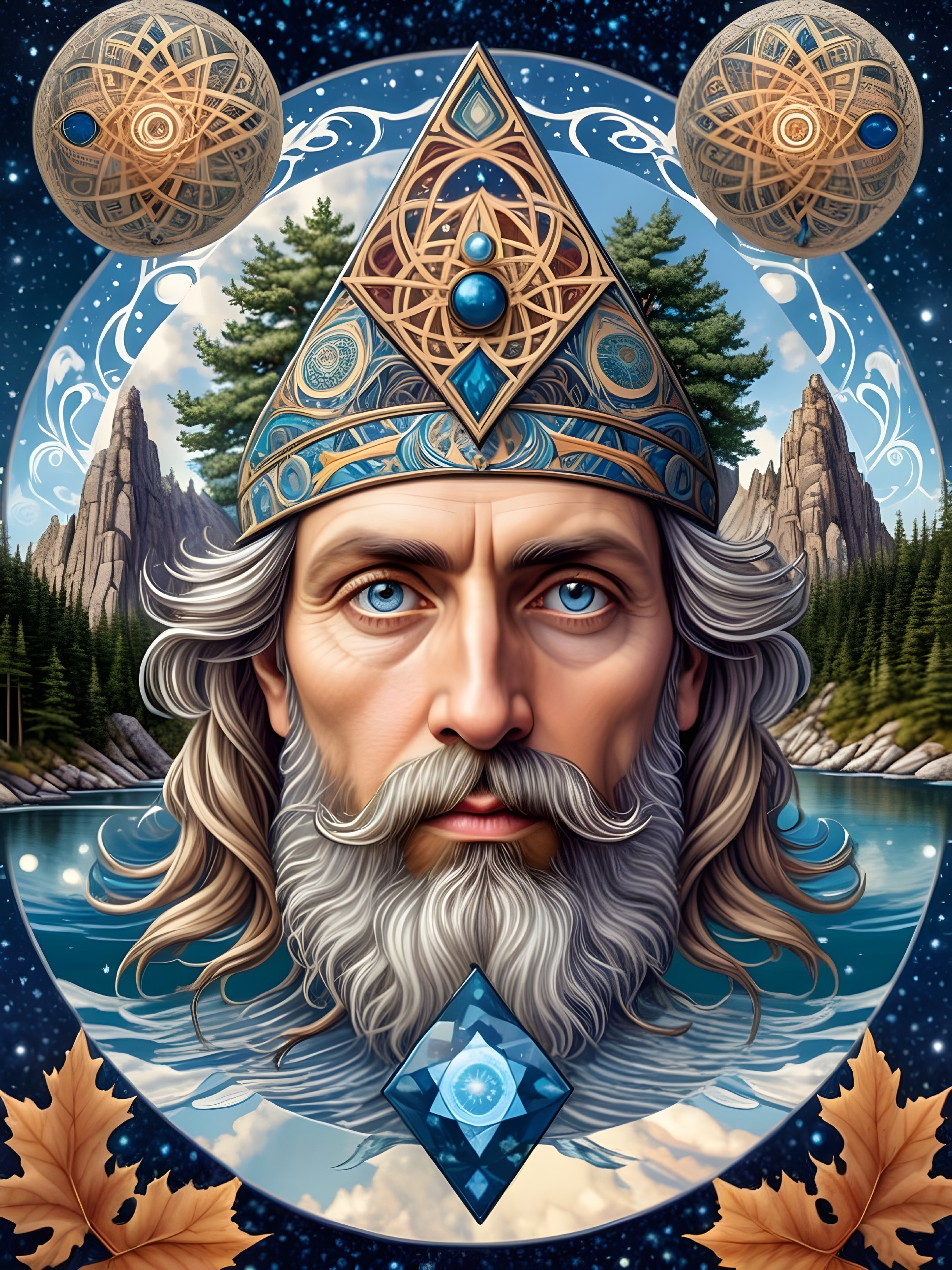 Mystical Figure with Crown Surrounded by Nature and Stars