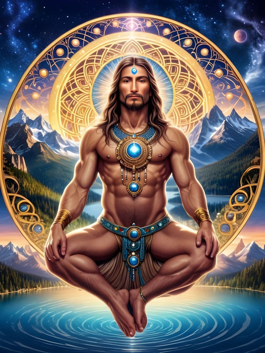 Muscular Figure Meditating in Celestial Landscape