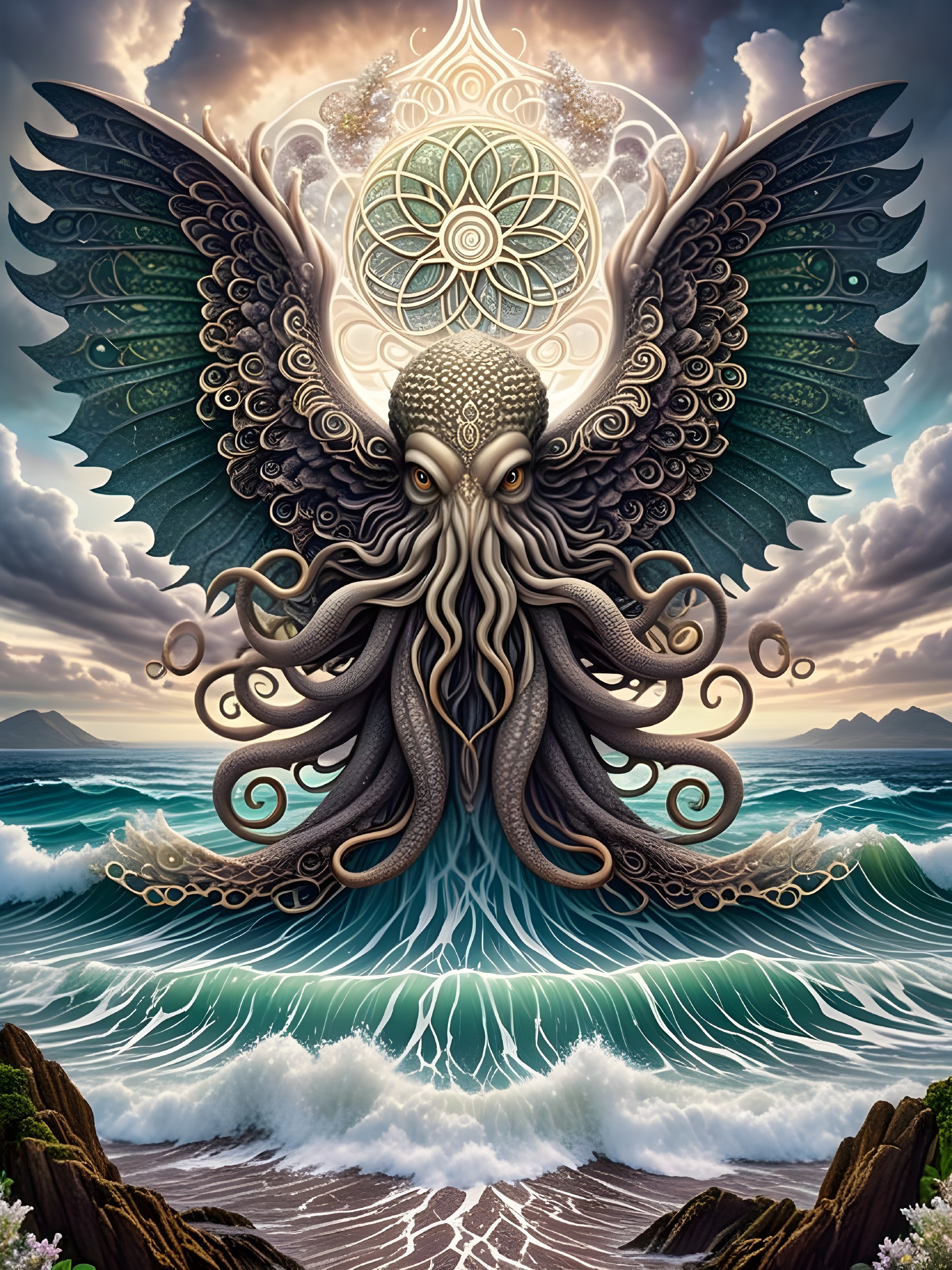 Fantastical Sea Creature with Wings in Dramatic Waves