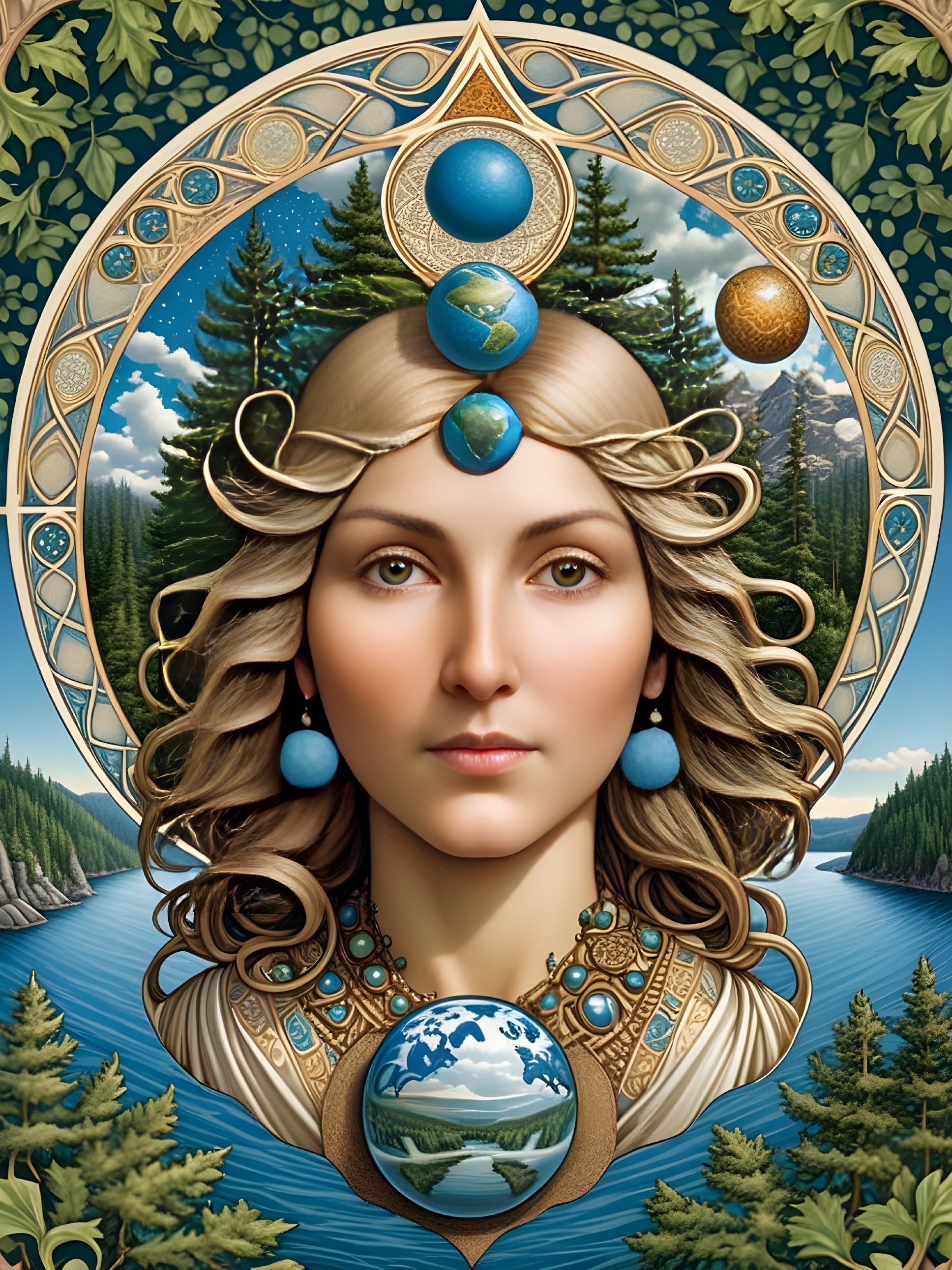 Serene Woman in Nature with Celestial Elements