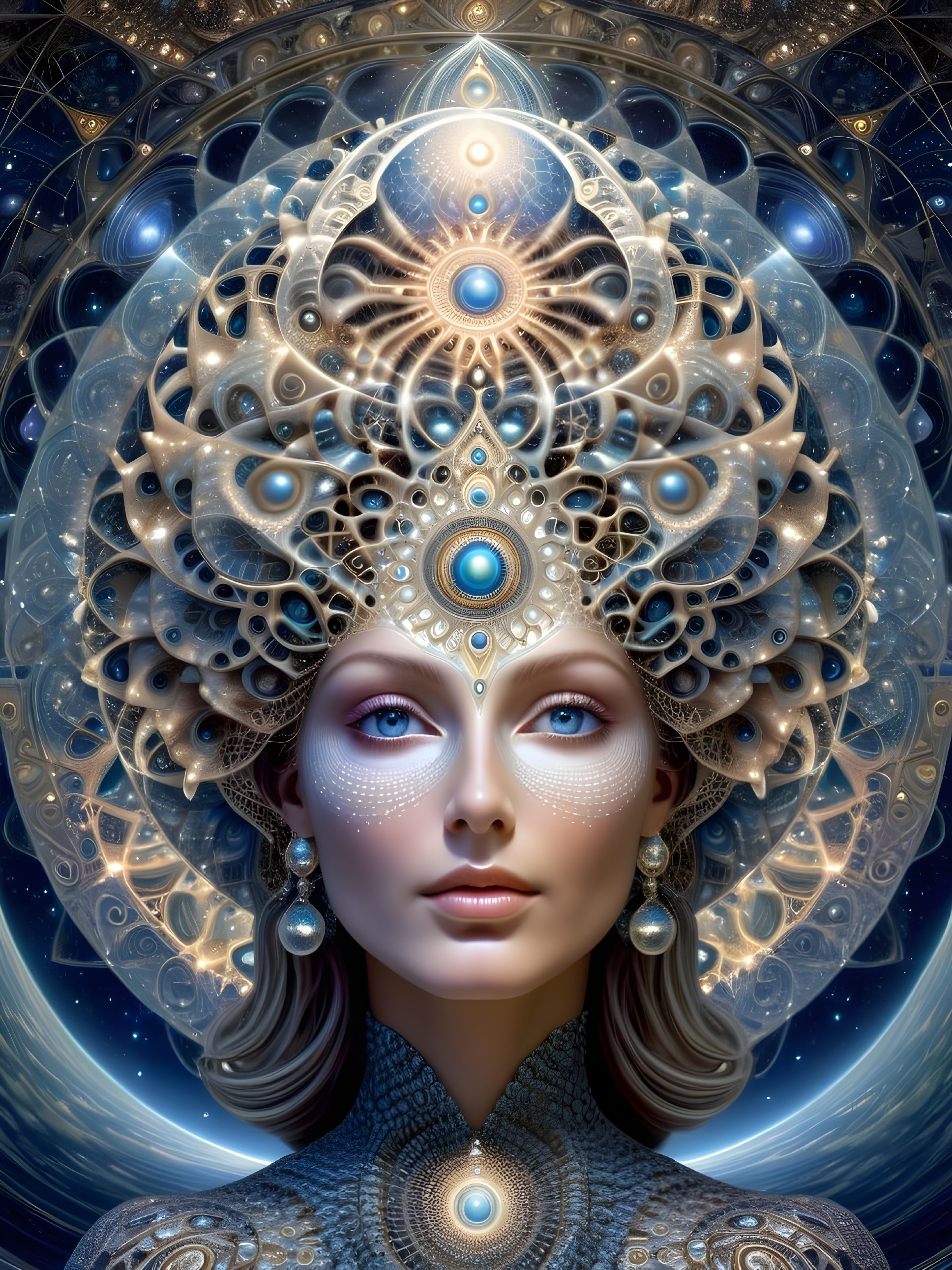 Portrait of a Woman with Cosmic Patterns and Halo