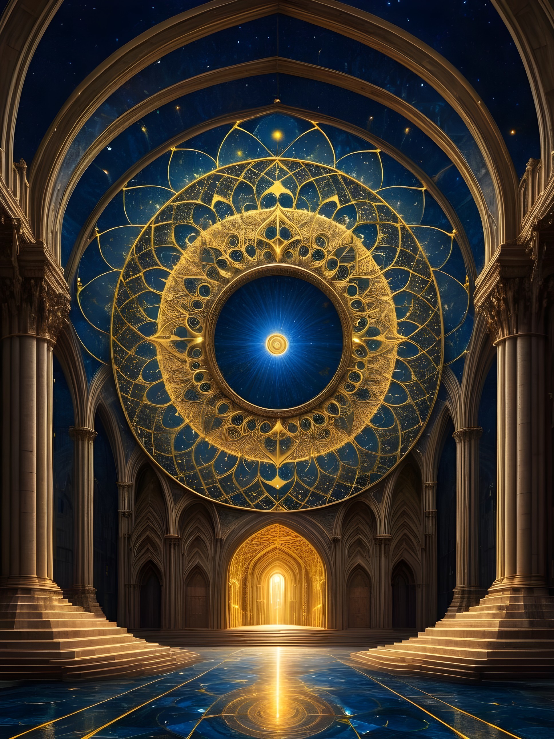 Ethereal hall with arches, columns, and golden mandala
