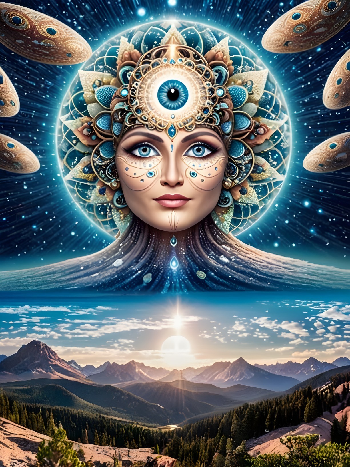 Cosmic Scene with Ethereal Face and Mountain Landscape