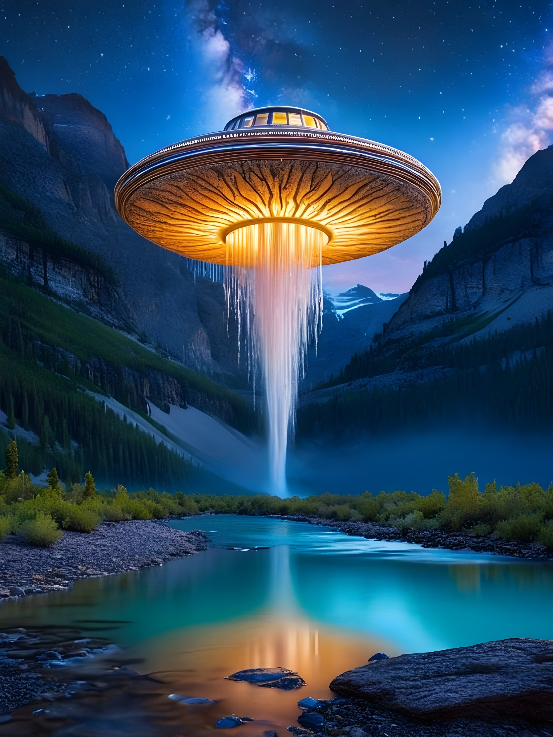 Futuristic UFO Over Mountain Landscape at Night