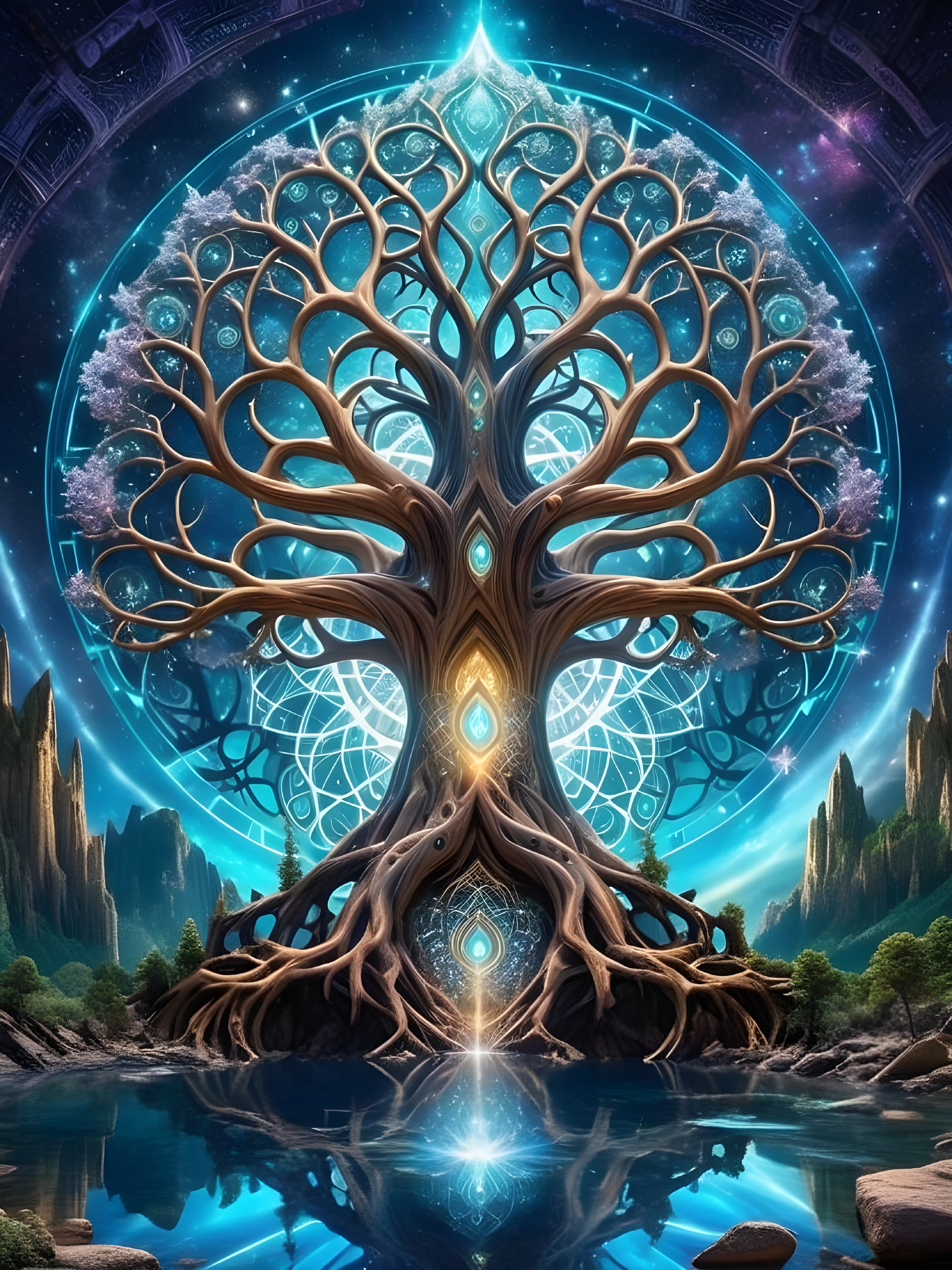 Majestic tree with glowing roots in cosmic landscape