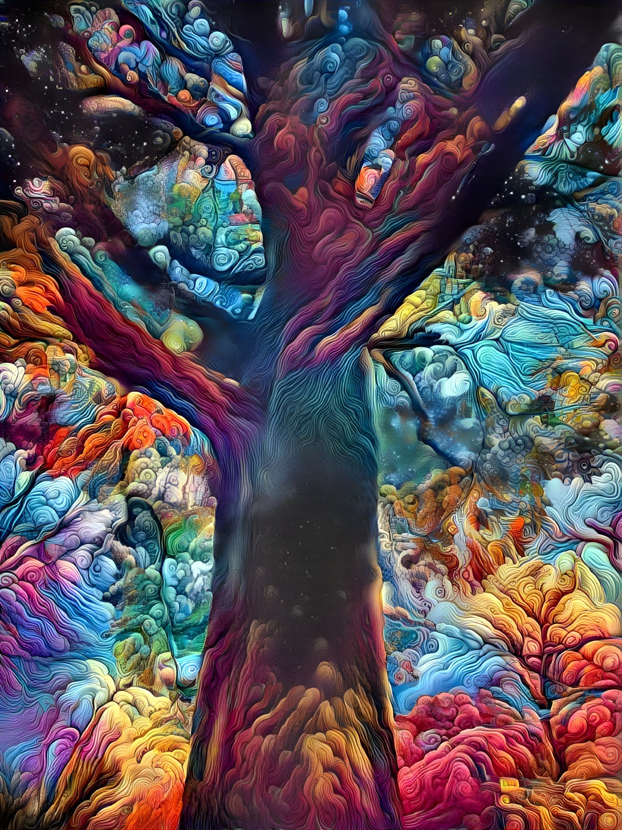 Surreal Tree with Colorful Foliage and Dreamy Landscape