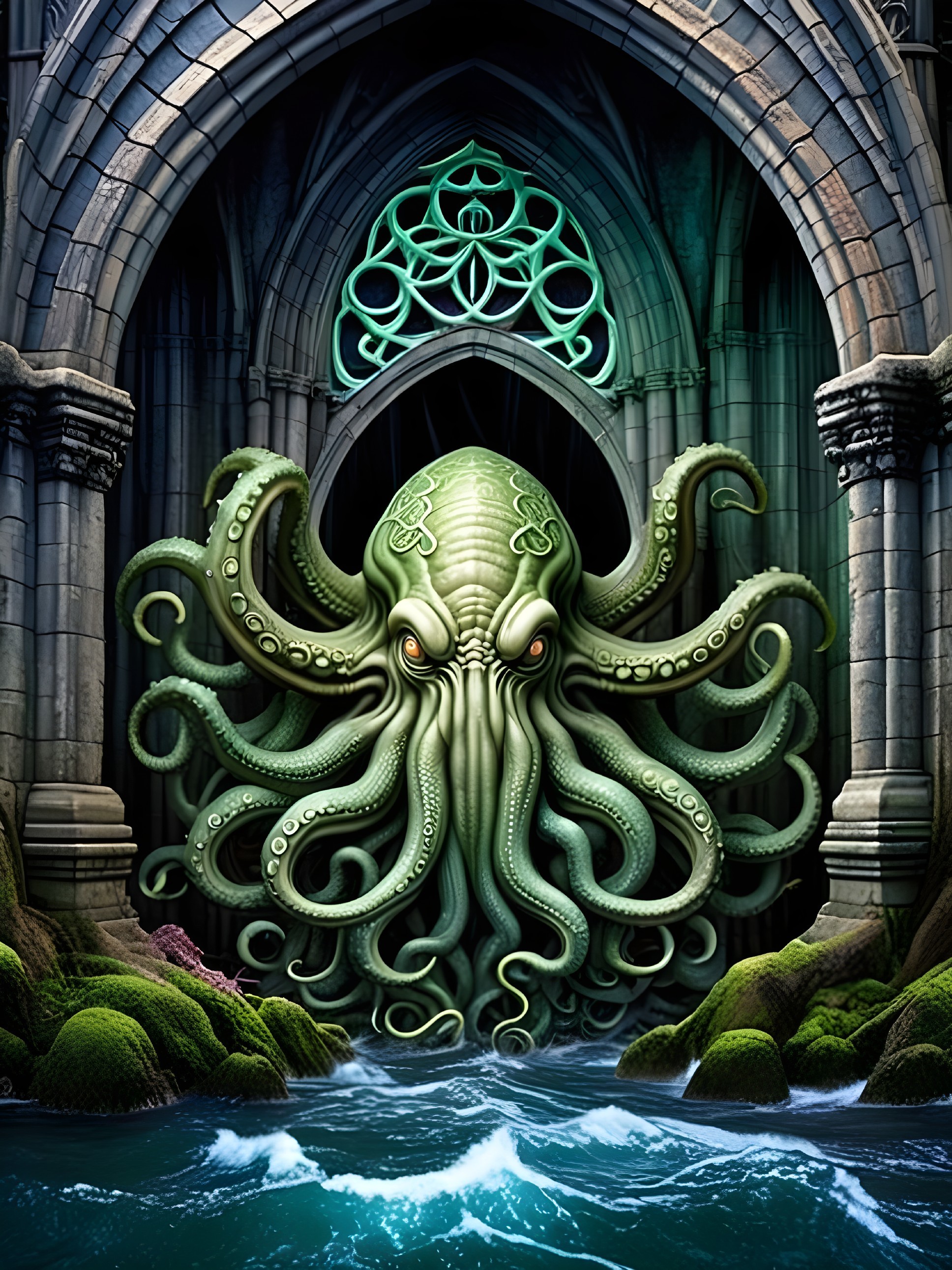 Mythical Cephalopod Creature in Gothic Archway