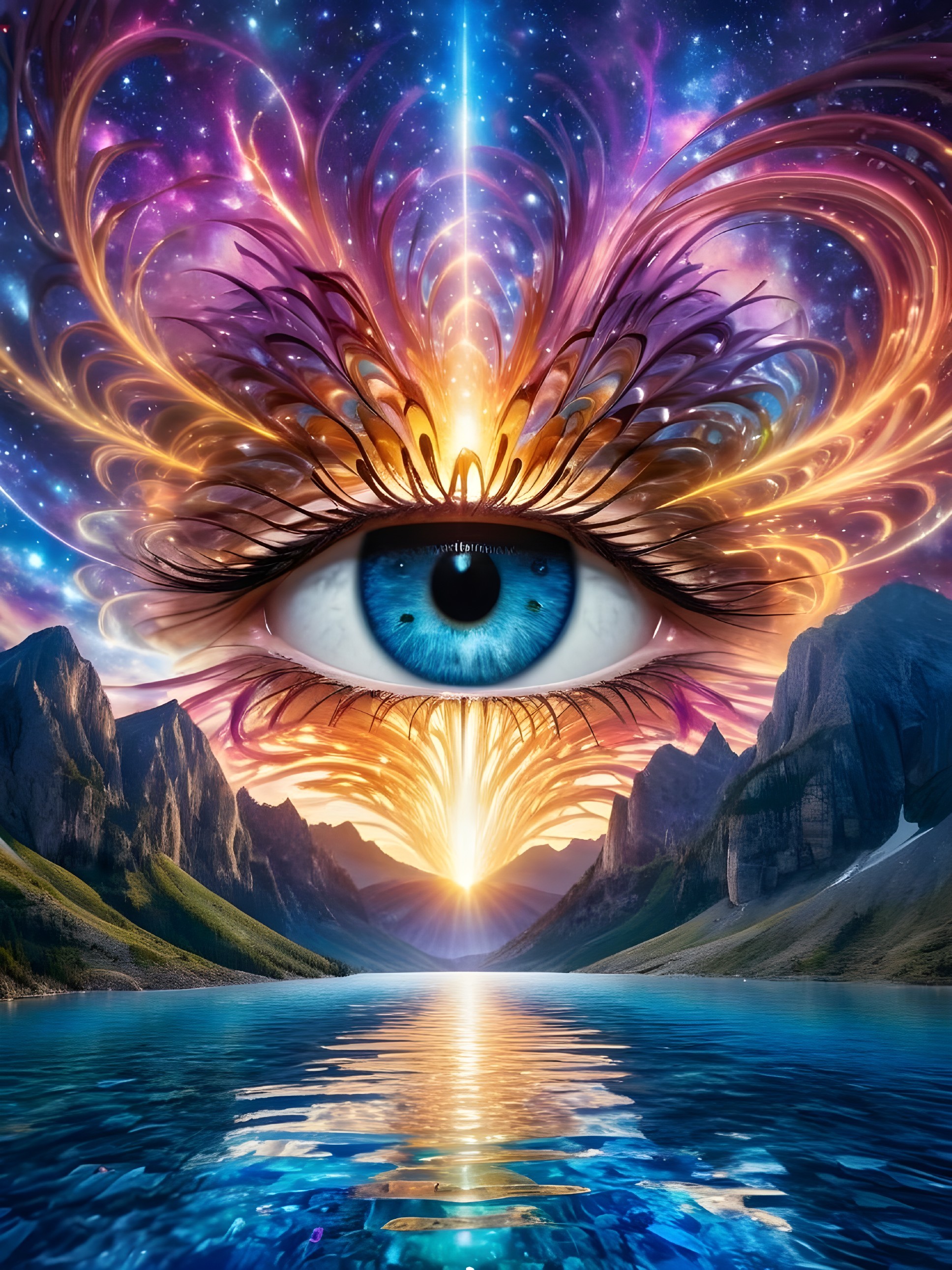 Vivid Blue Eye Surrounded by Swirling Color Patterns