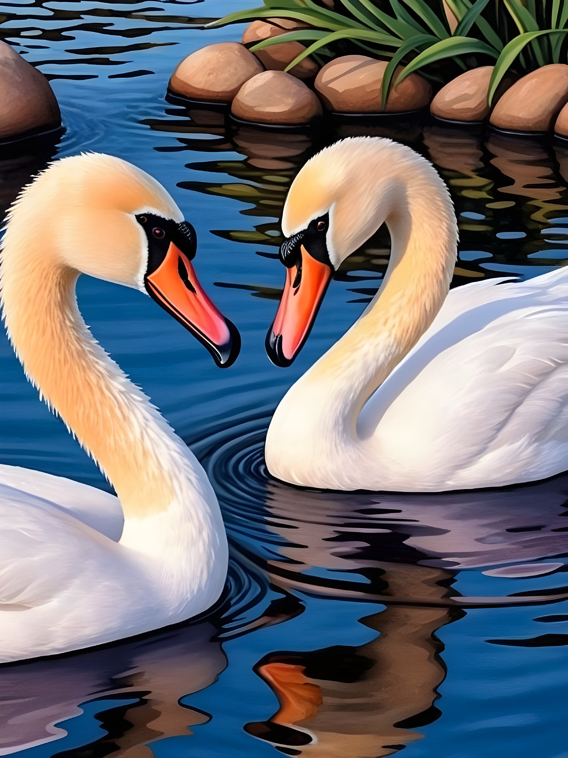 Elegant swans gliding on tranquil blue water
