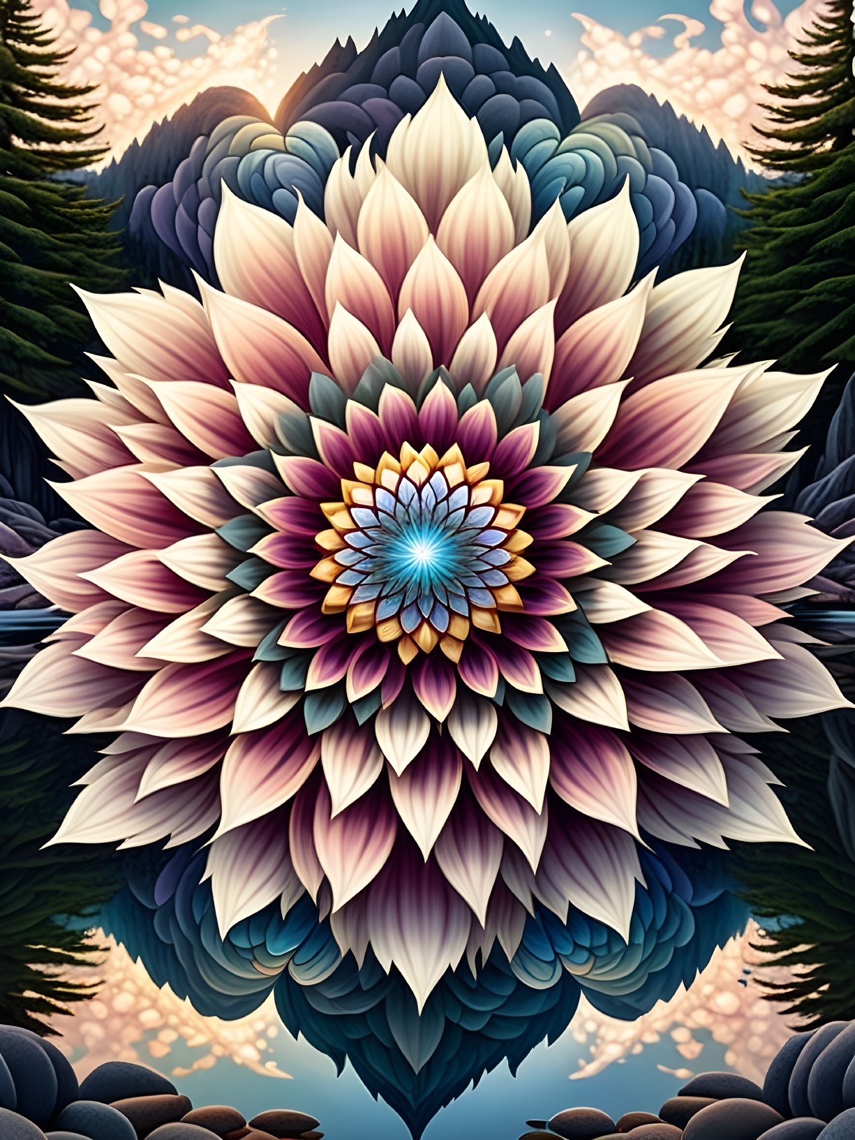 Intricate Floral Design with Pastel Colors and Reflection