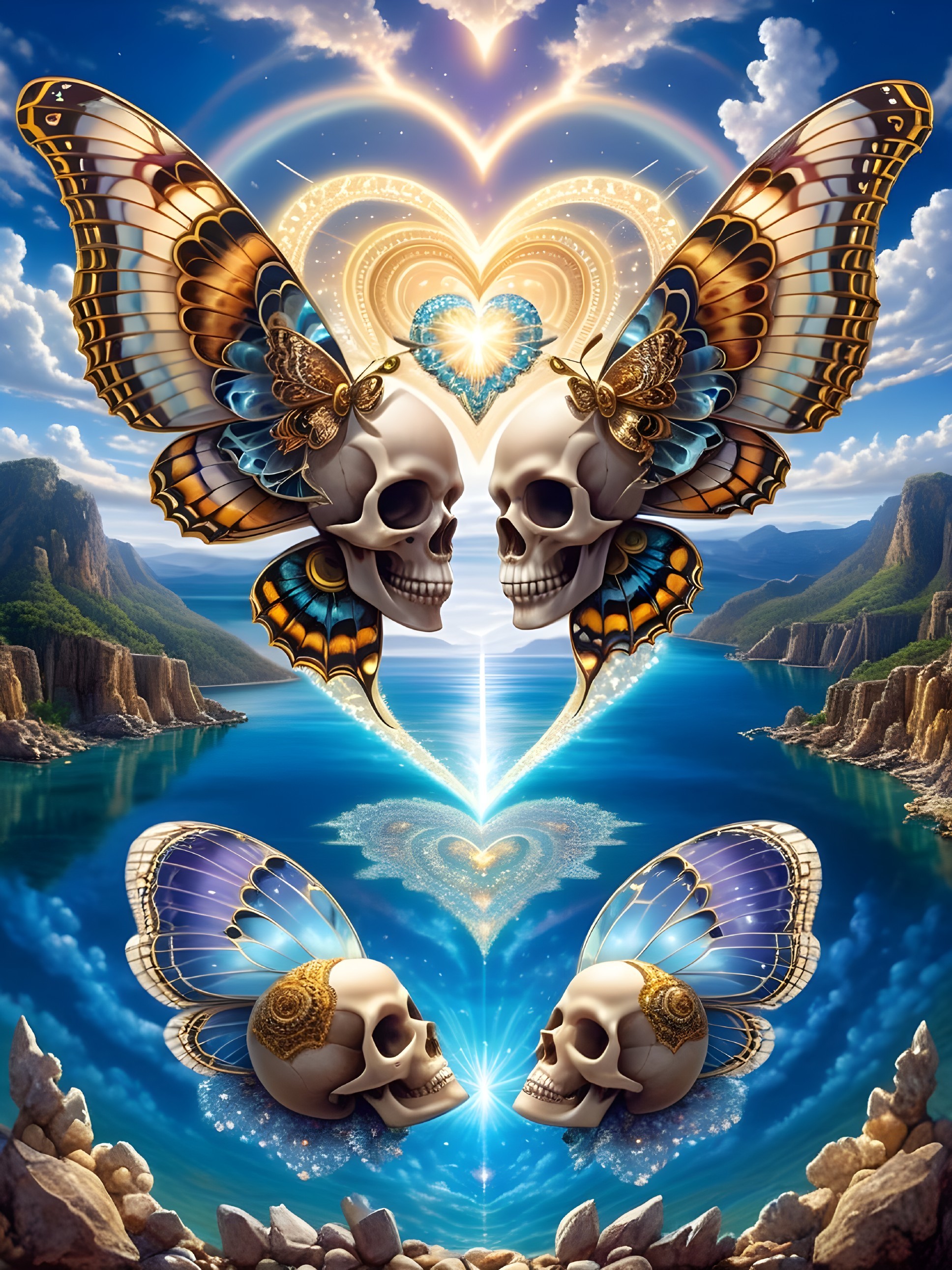 Surreal Landscape with Floating Skulls and Butterflies