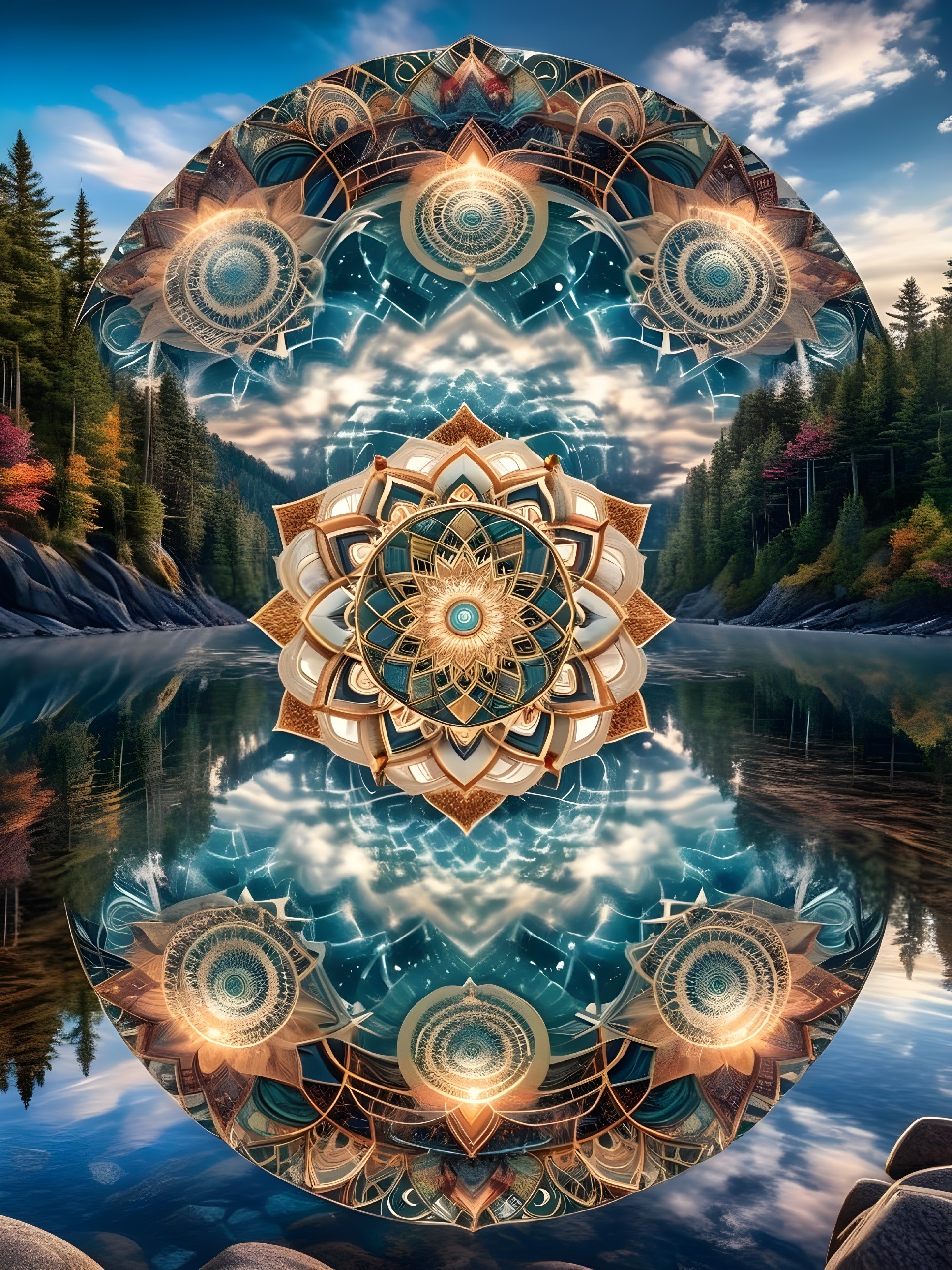 Serene landscape with lake, forests, and mandala patterns
