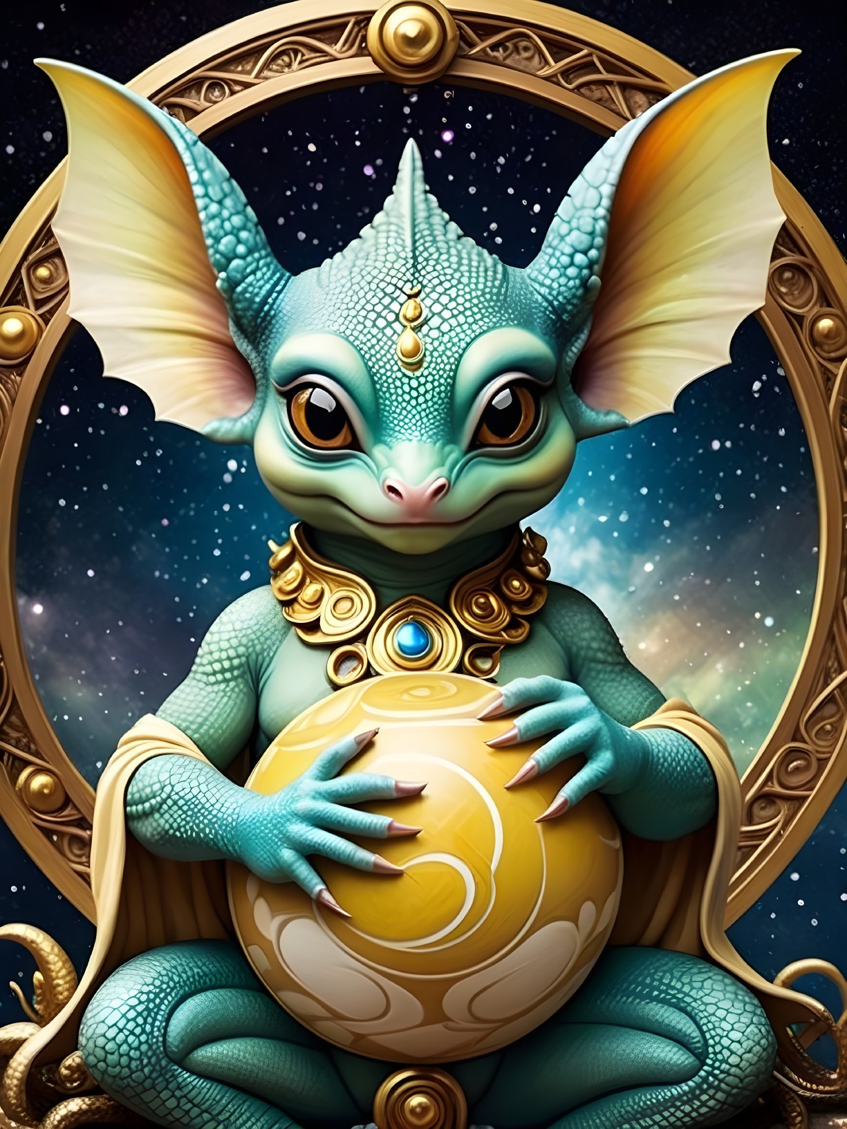 Turquoise Creature in Cosmic Setting with Jewelry