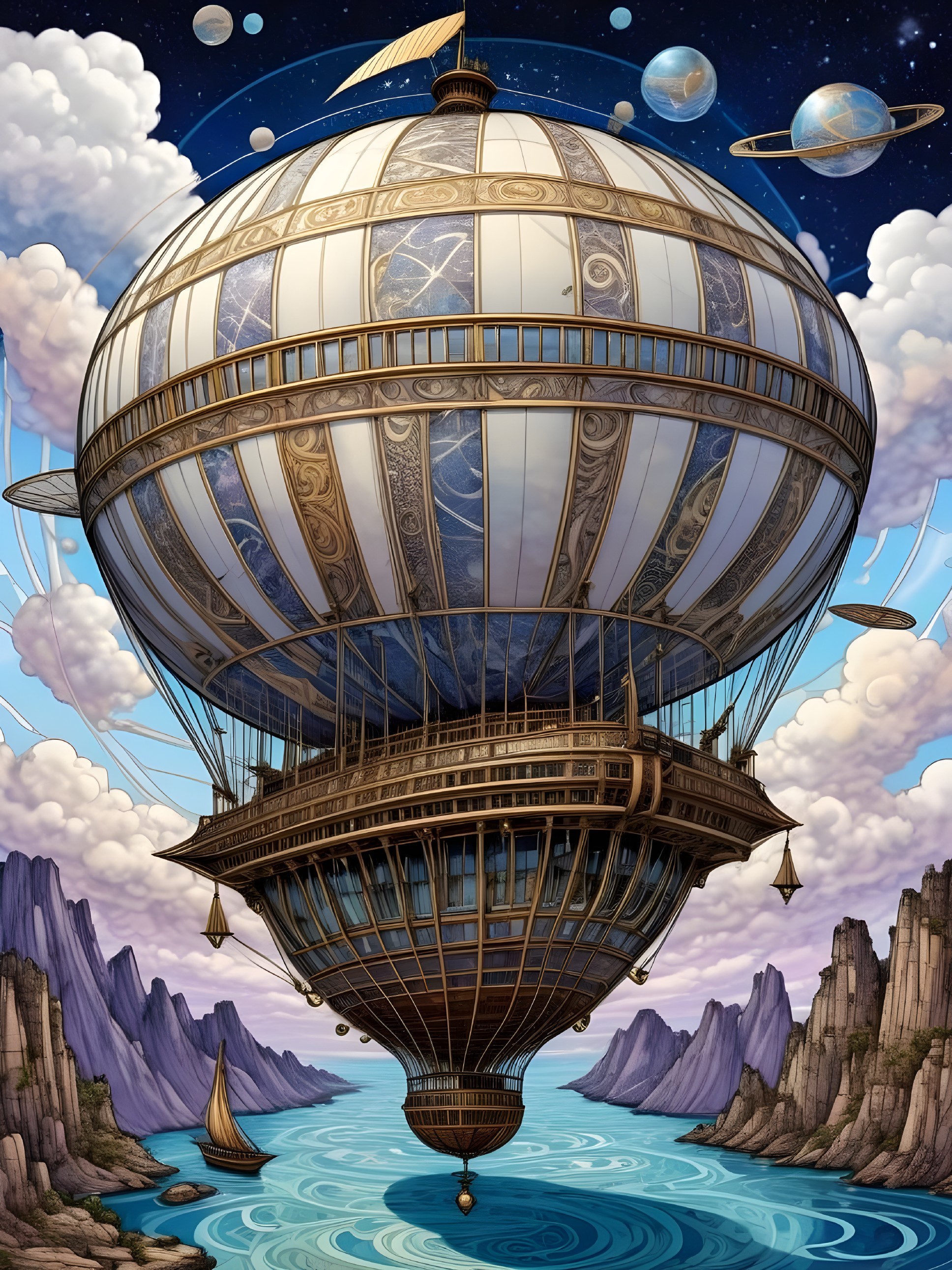 Steampunk Hot Air Balloon Over Turquoise Water and Rocks