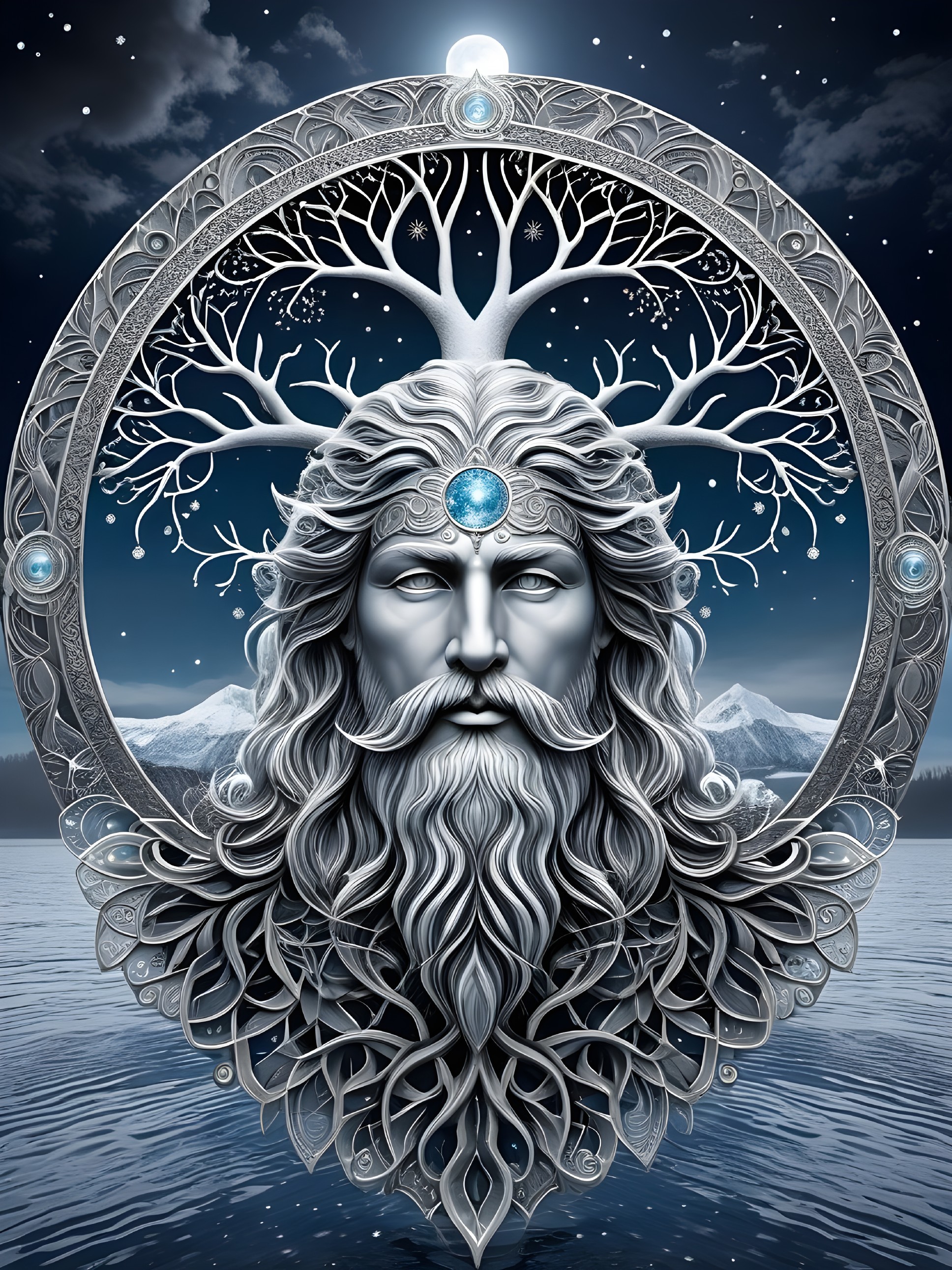 Intricate Silver Visage of a Bearded Man with Tree Motif