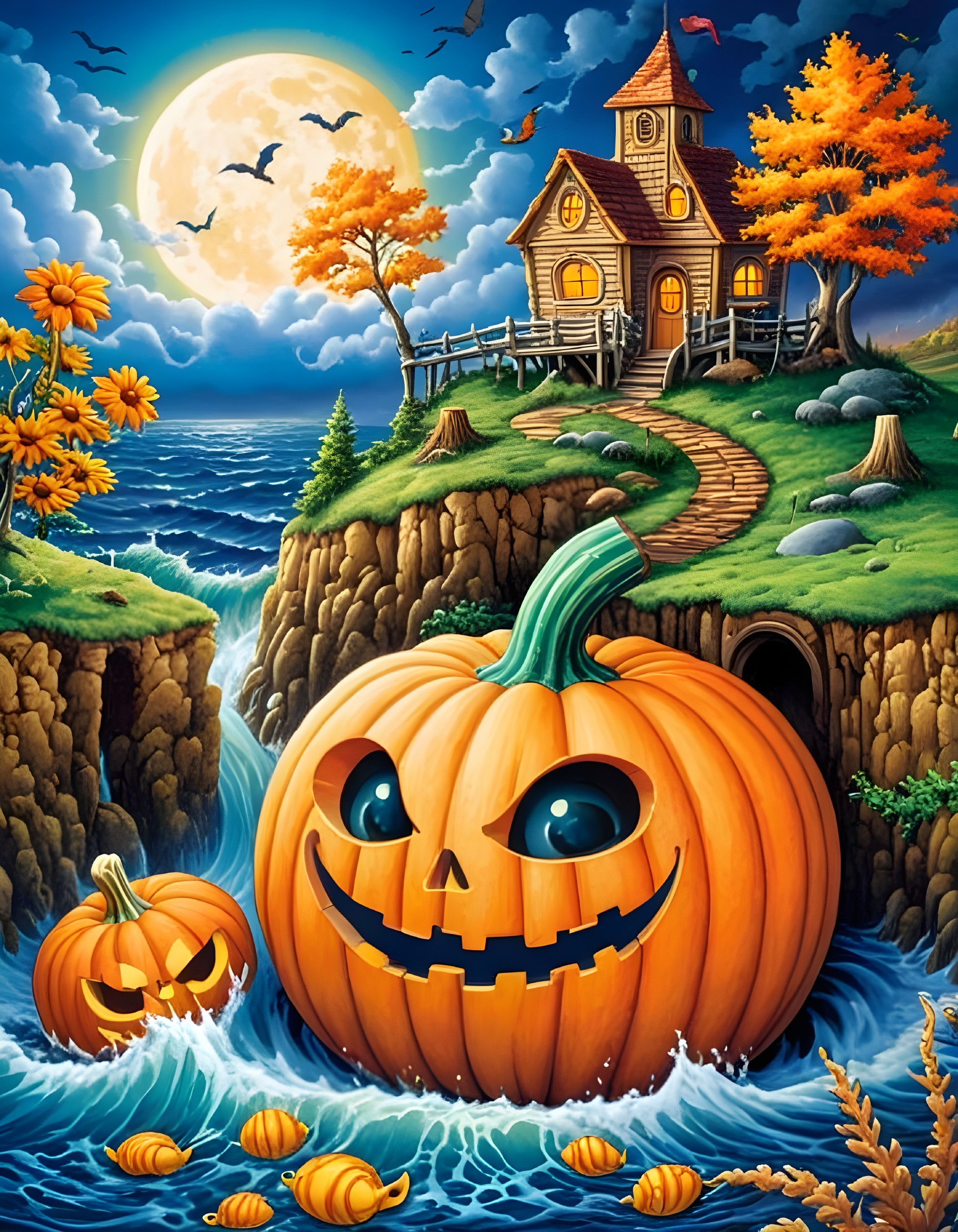 Whimsical Halloween Scene with Pumpkins and Moonlight
