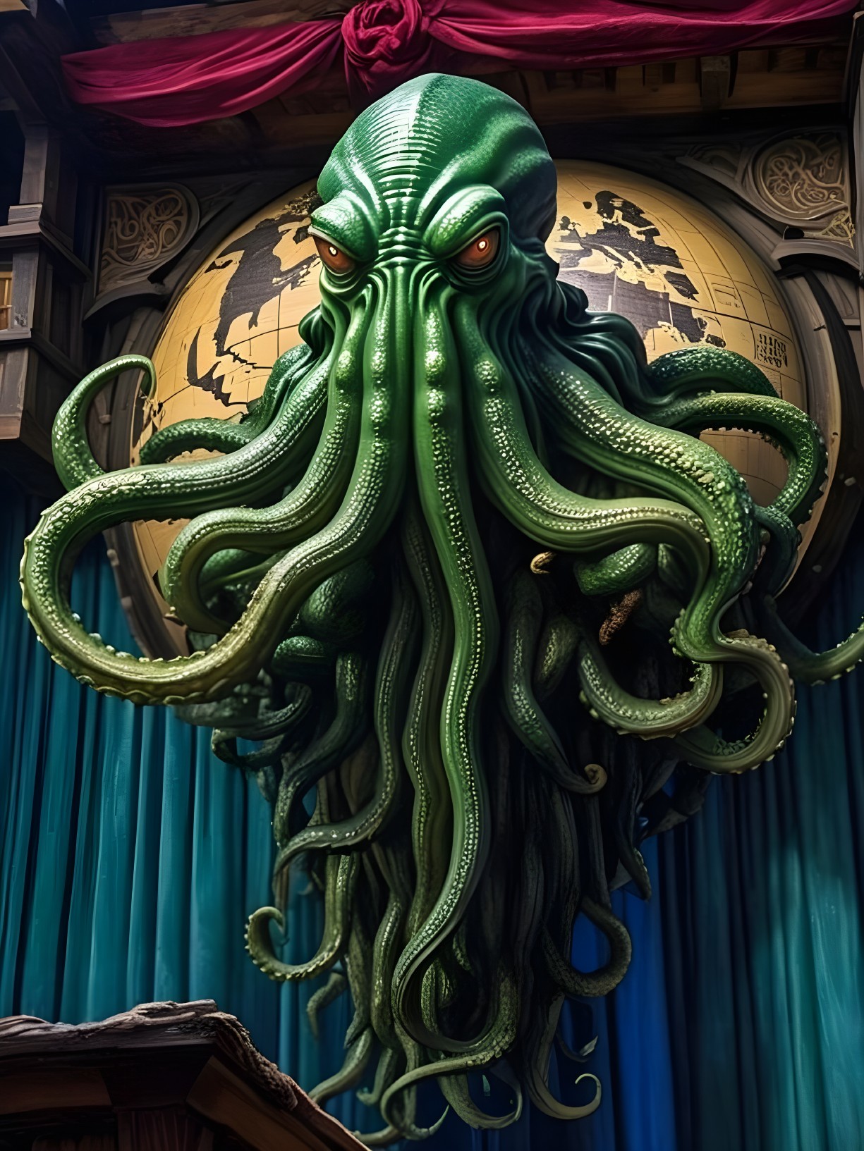 Statue of a mythical creature with tentacles and globe