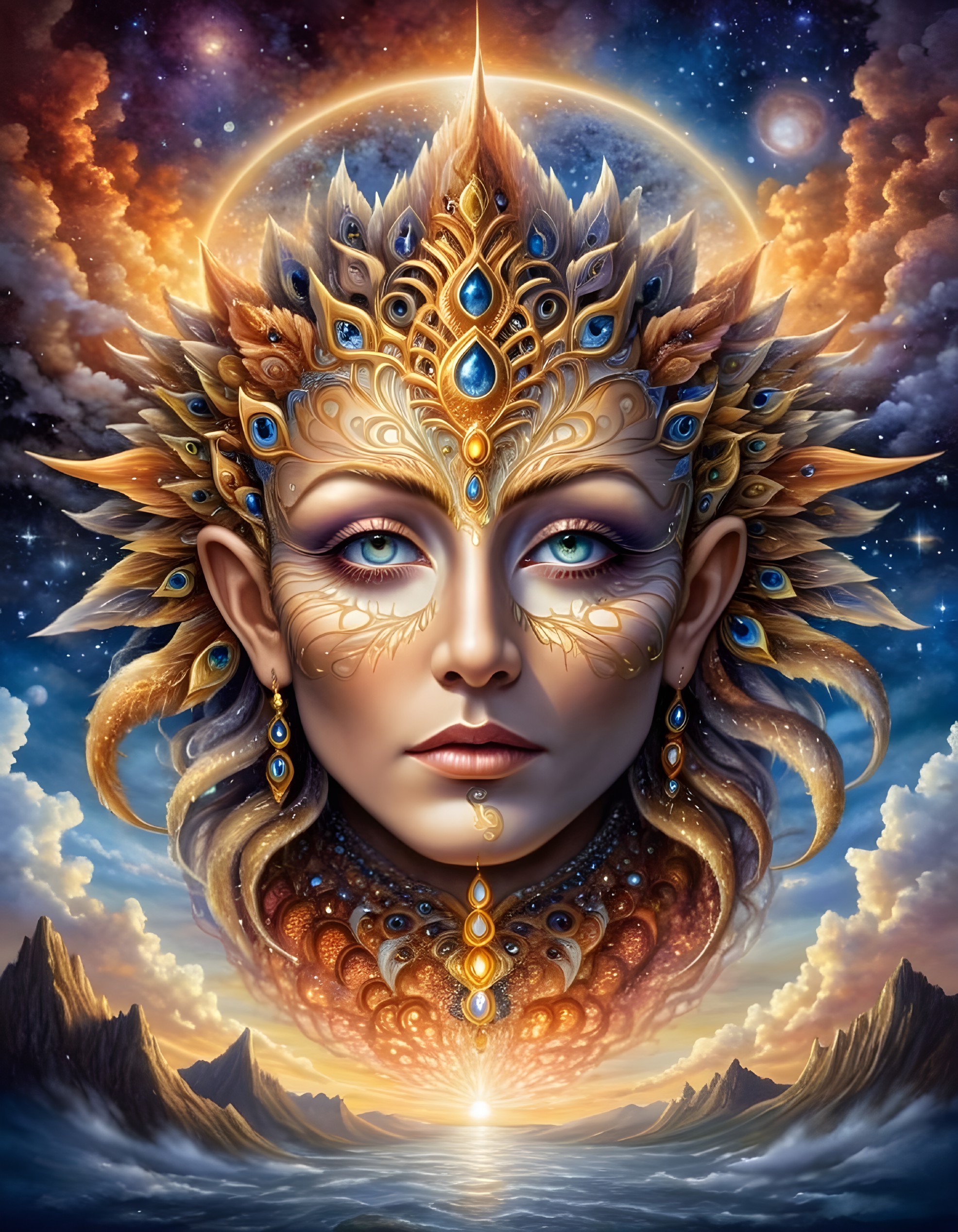 Ethereal Female Face with Cosmic and Golden Patterns