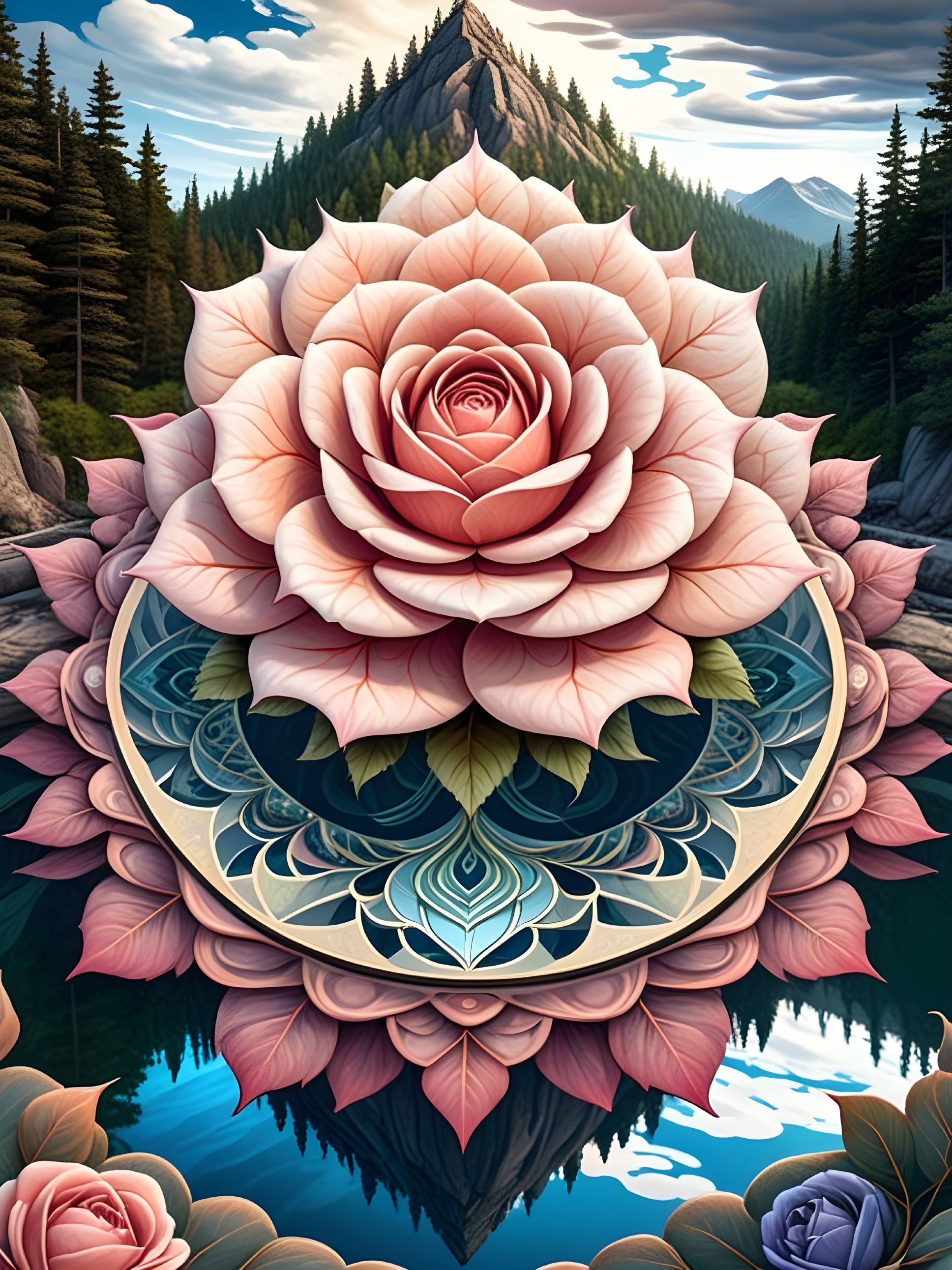 Intricate Pink Rose with Mandala and Serene Lake