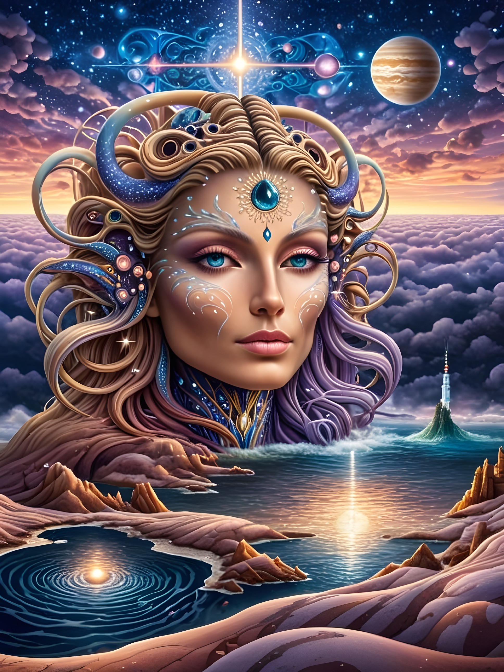 Cosmic Scene with Ethereal Face and Celestial Patterns