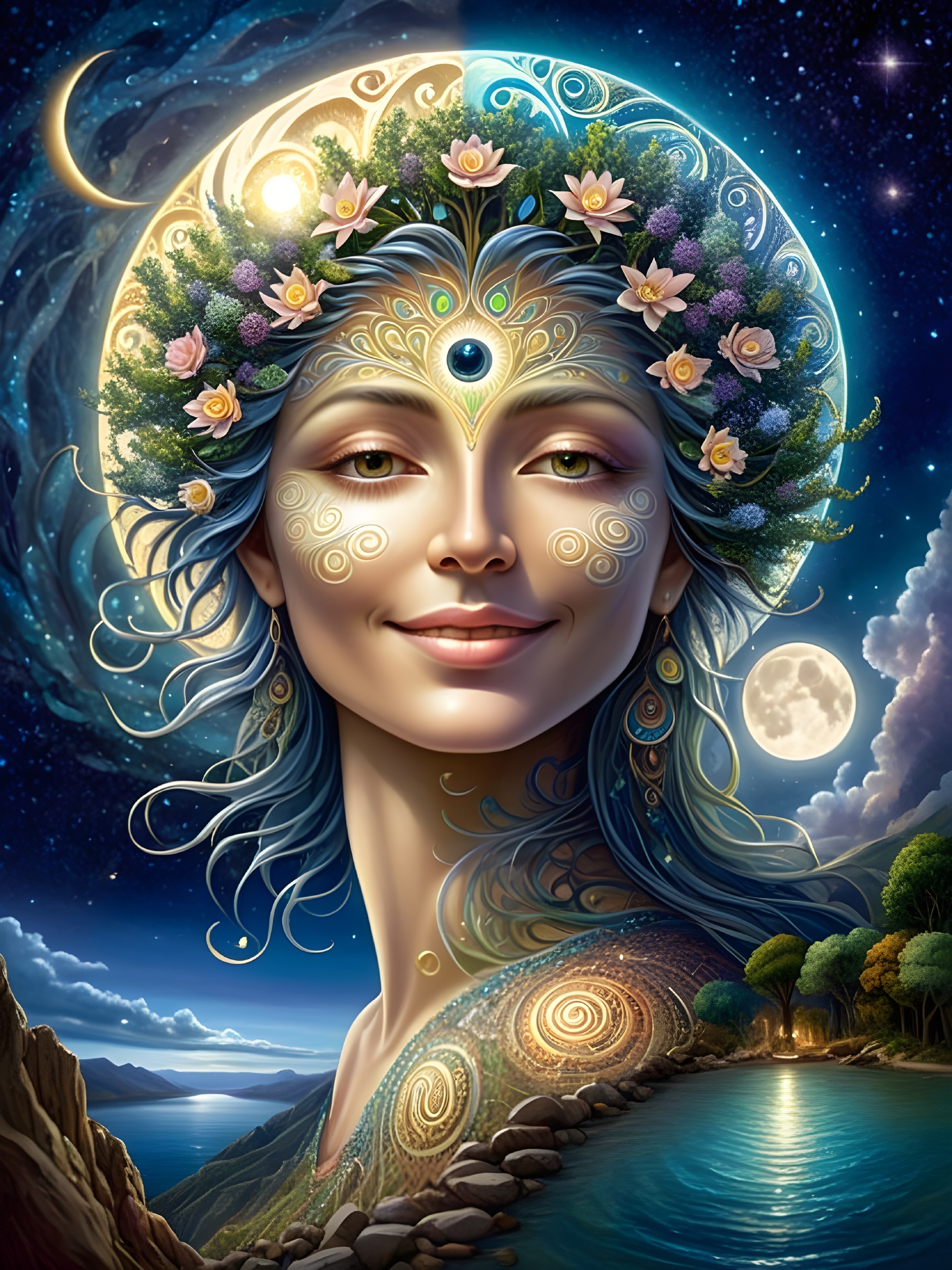 Ethereal Woman with Floral Crown and Cosmic Elements