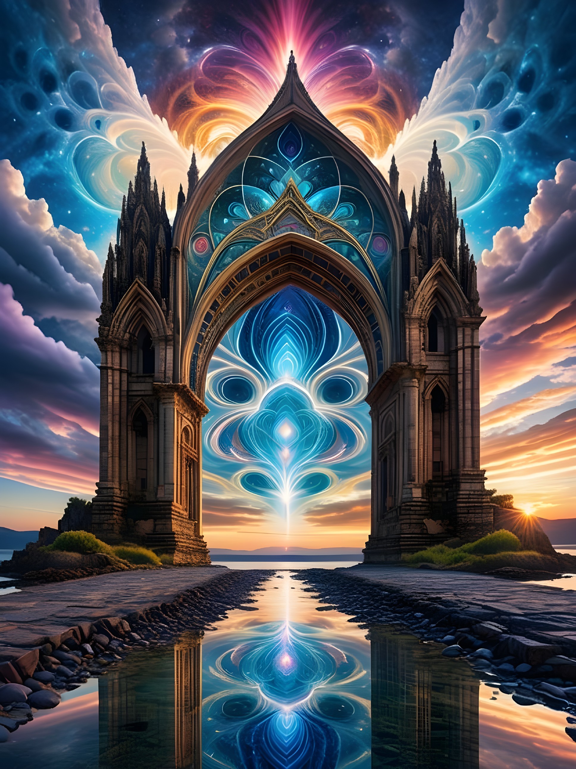 Surreal Gateway Over Tranquil Waterway with Reflections