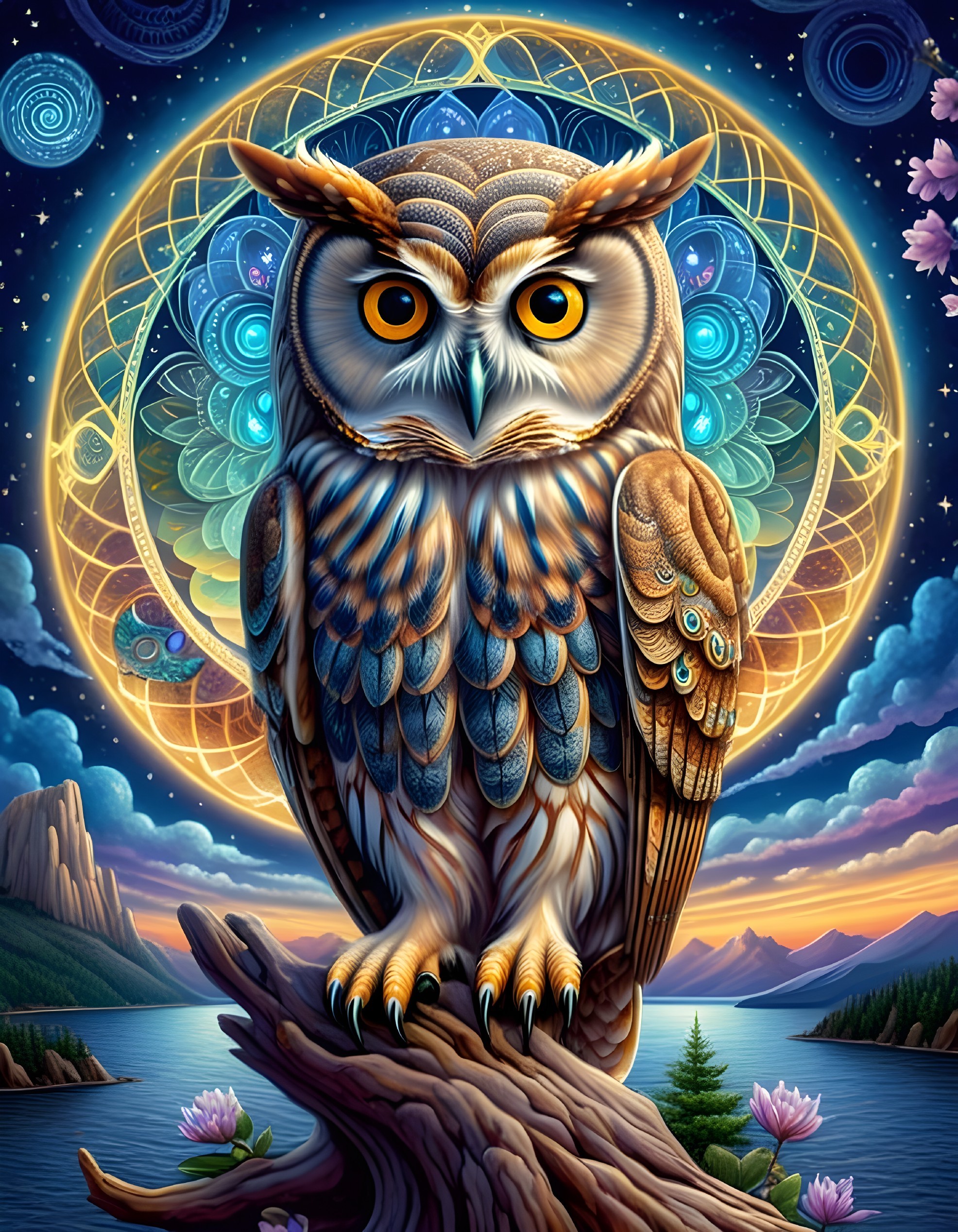 Owl on Branch with Mandala and Starry Night Background
