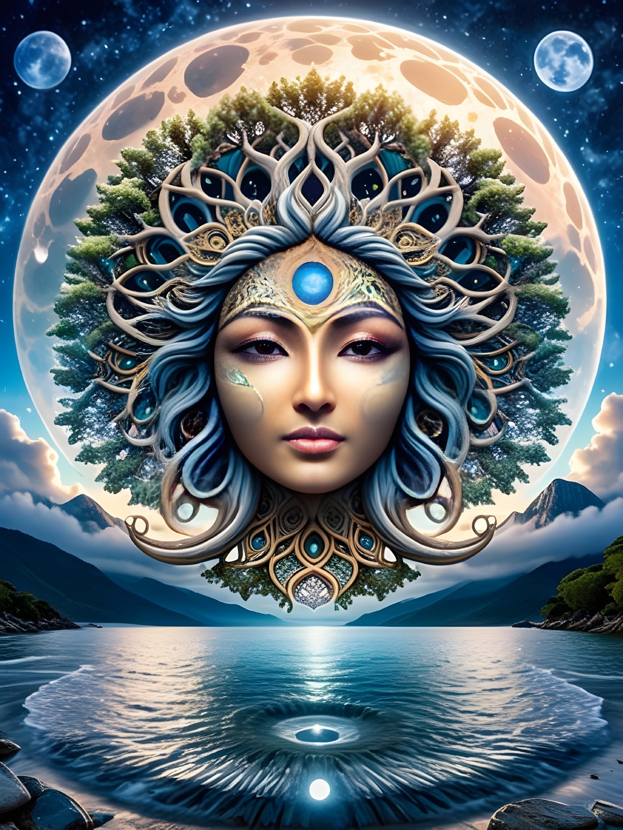 Ethereal Face Surrounded by Nature and Celestial Bodies