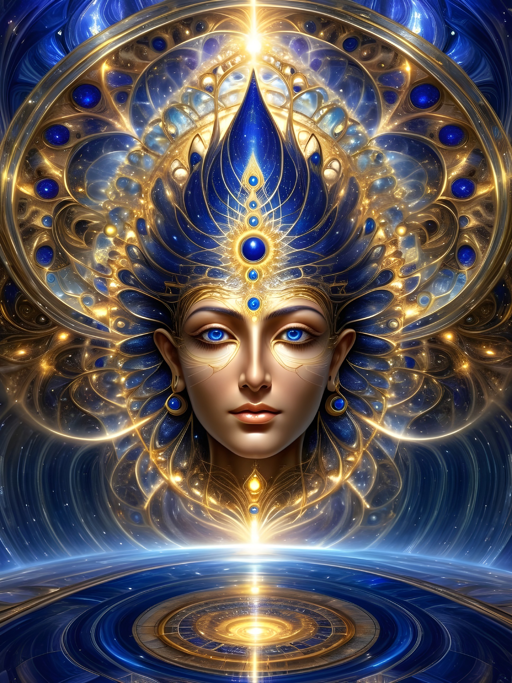 Mystical Figure with Blue Eyes and Cosmic Background